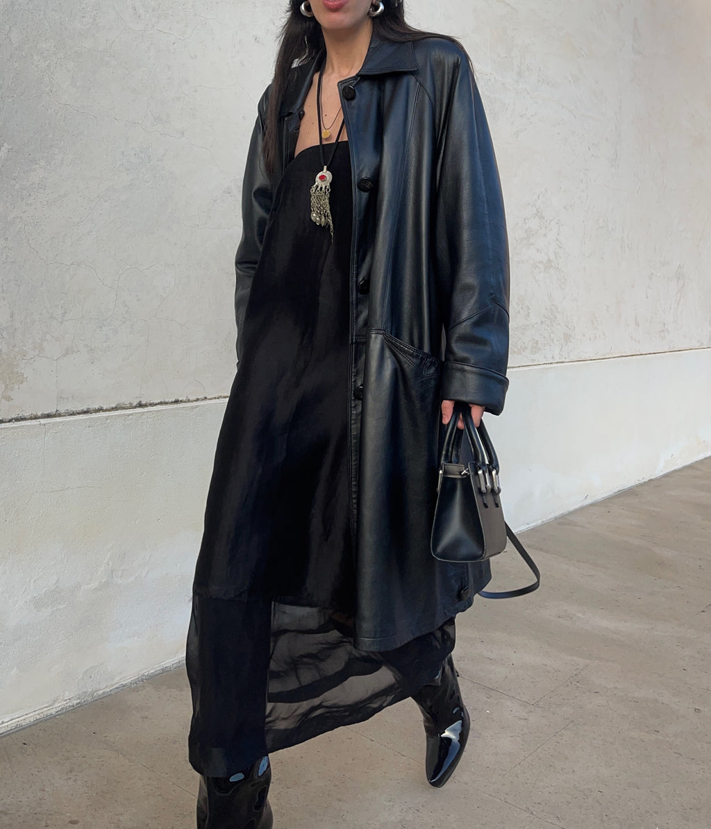 black leather trench