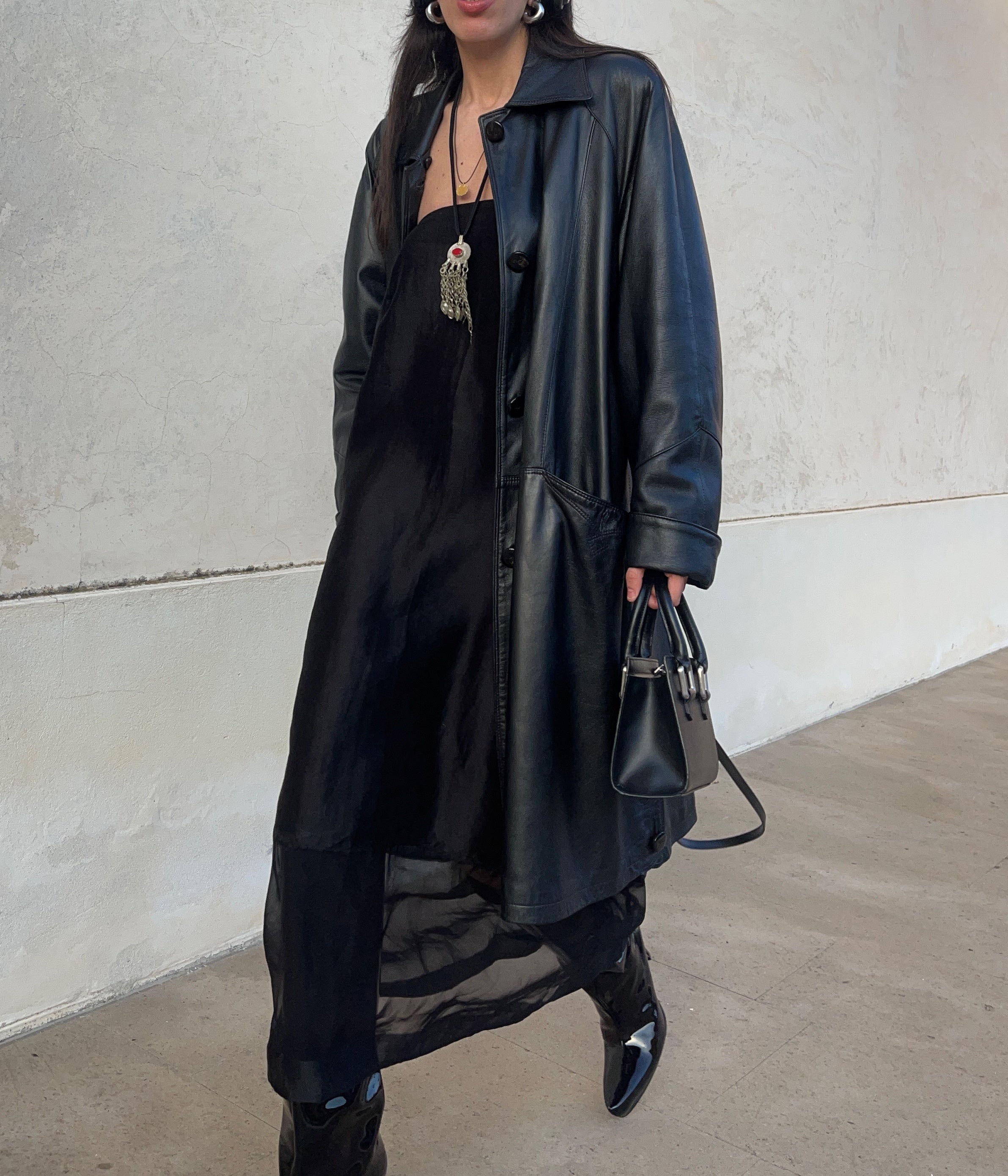 black leather trench