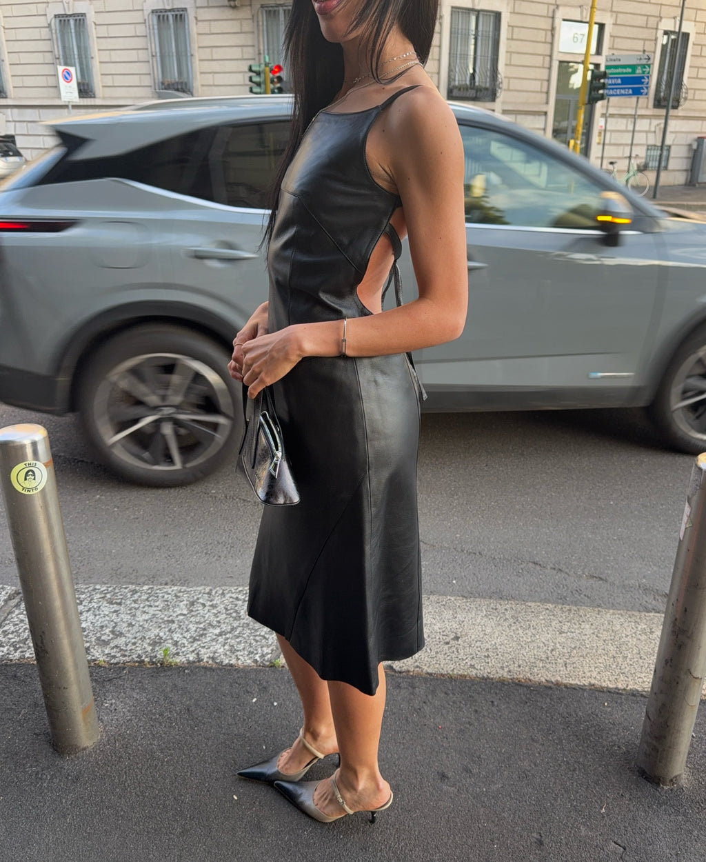 90s black lambskin backless leather dress