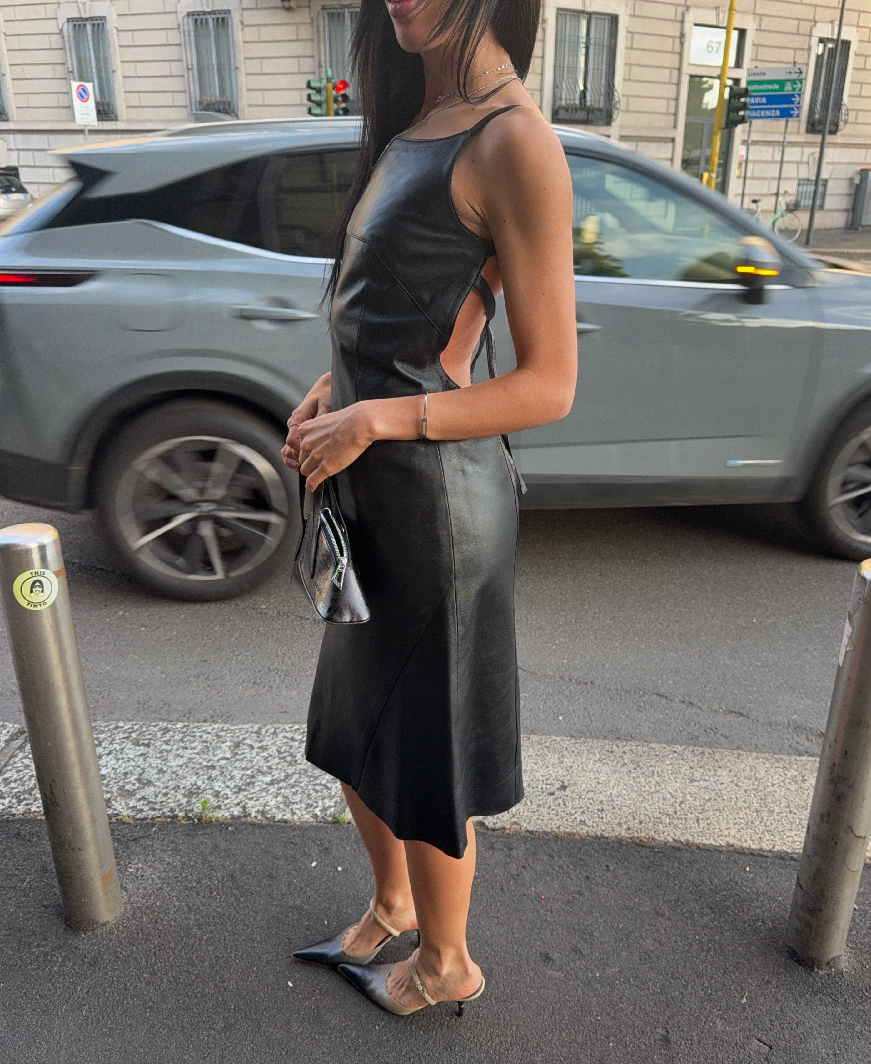 90s black lambskin backless leather dress