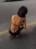 90s black lambskin backless leather dress