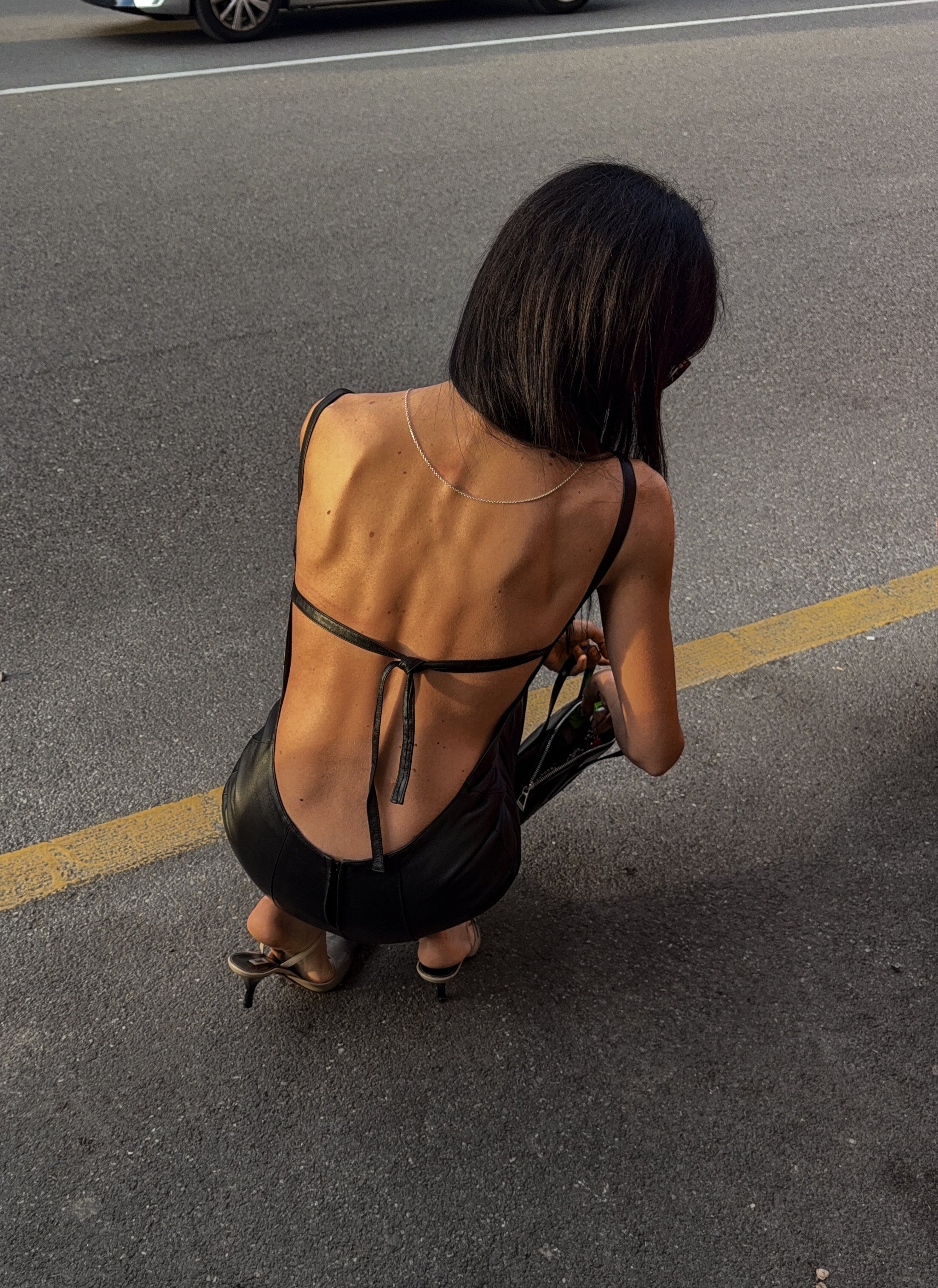 90s black lambskin backless leather dress