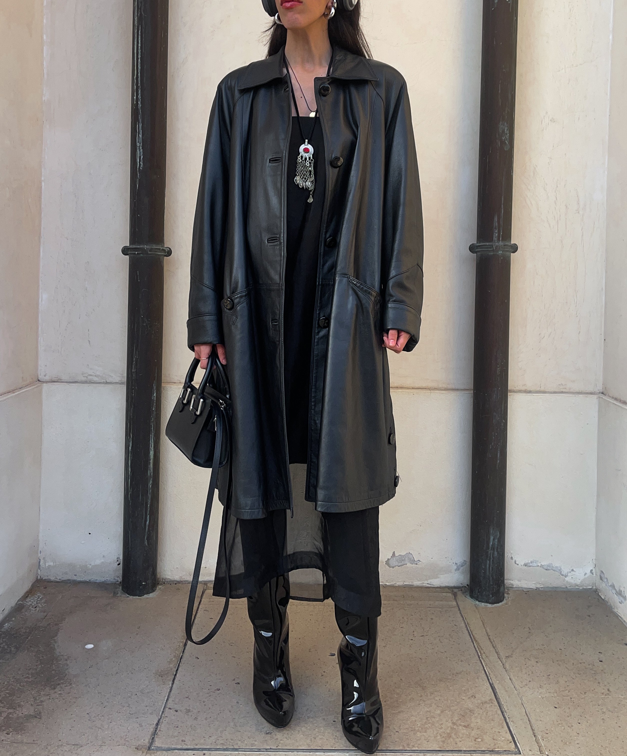 black leather trench