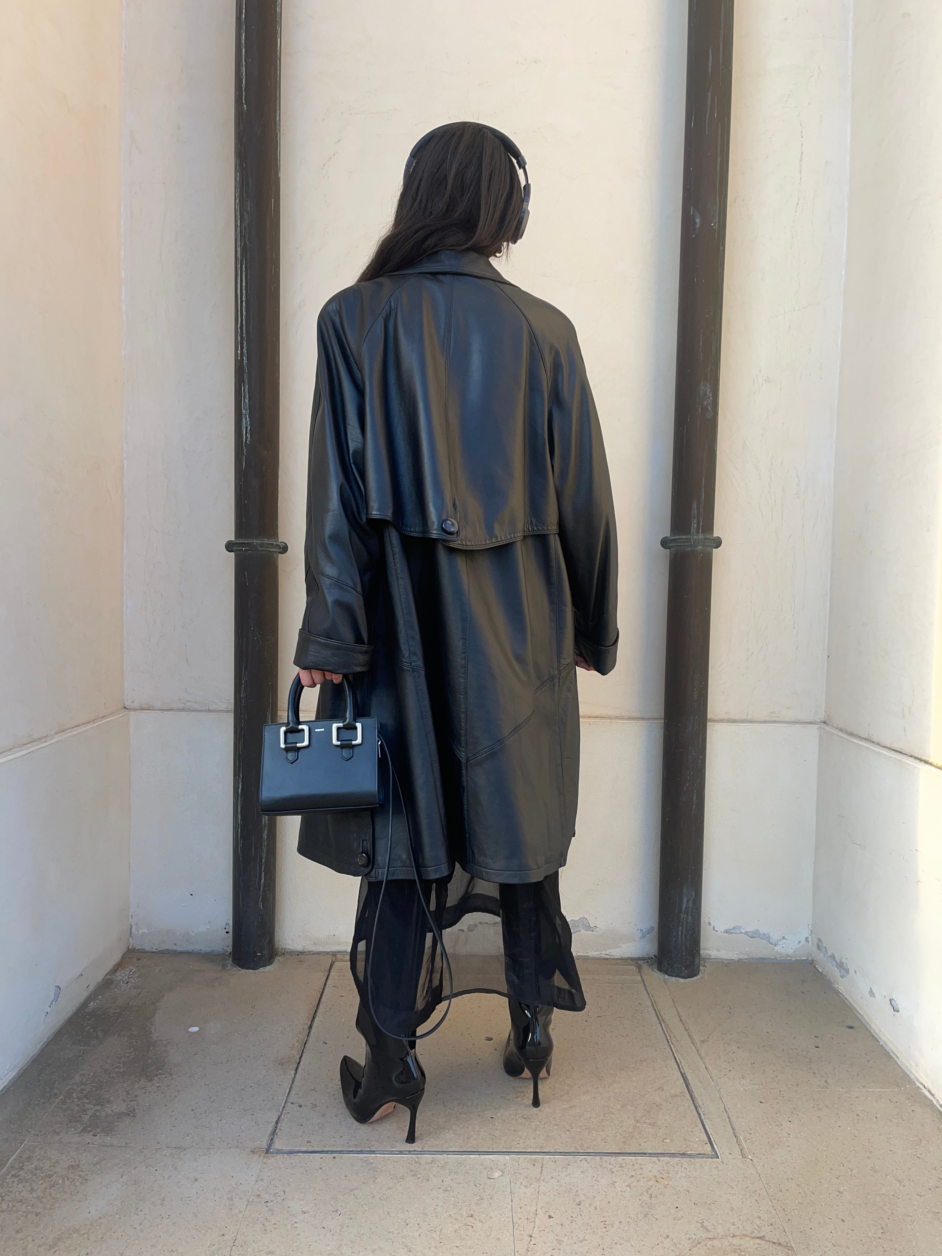 black leather trench