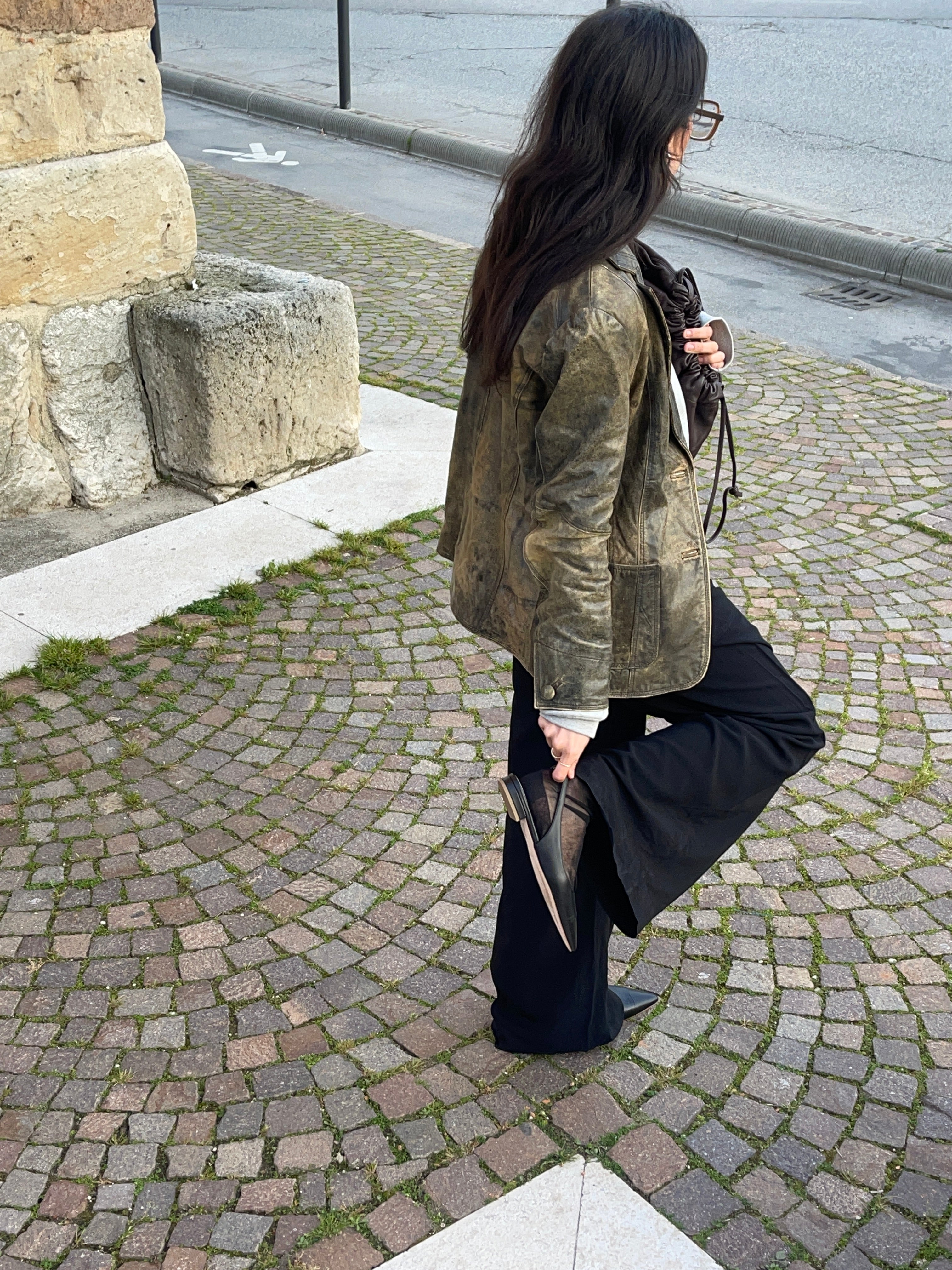 Distressed leather blazer