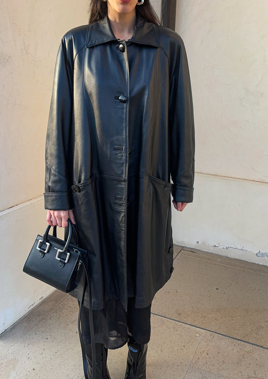 black leather trench