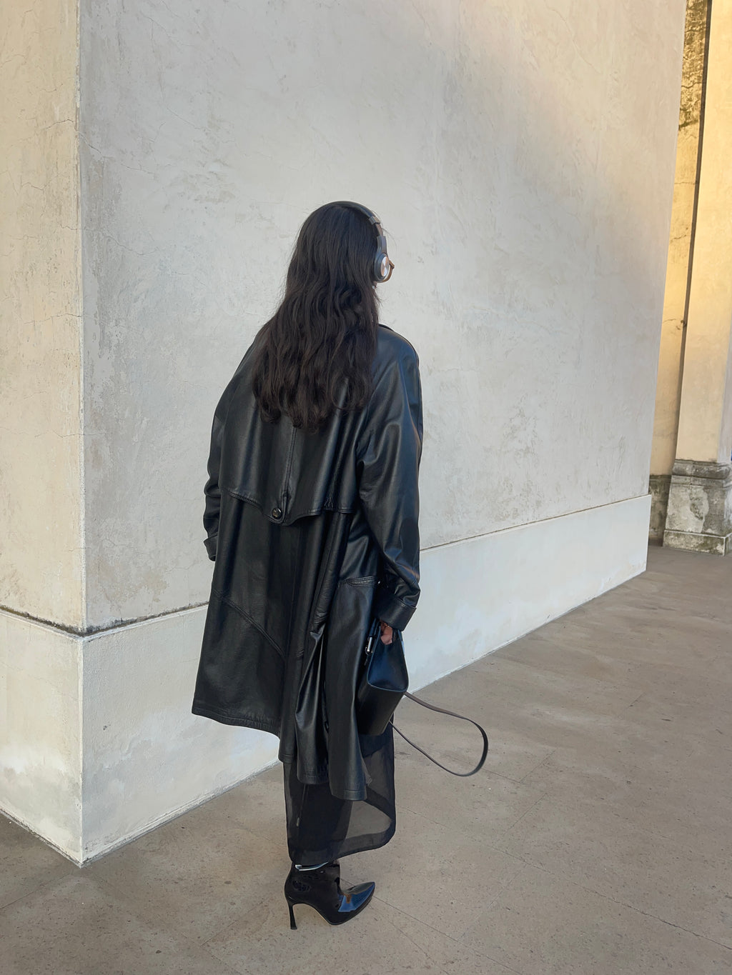 black leather trench