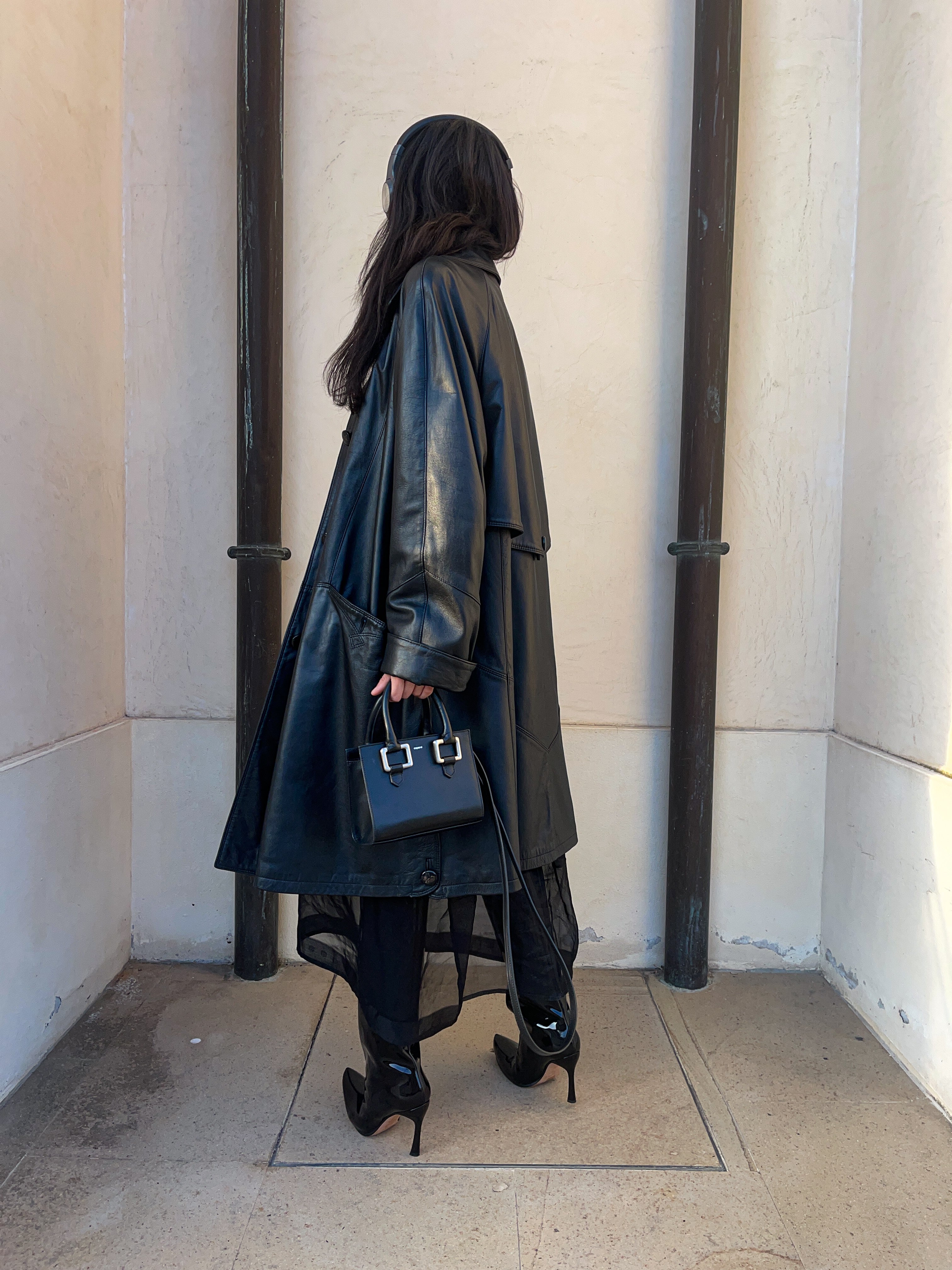 black leather trench