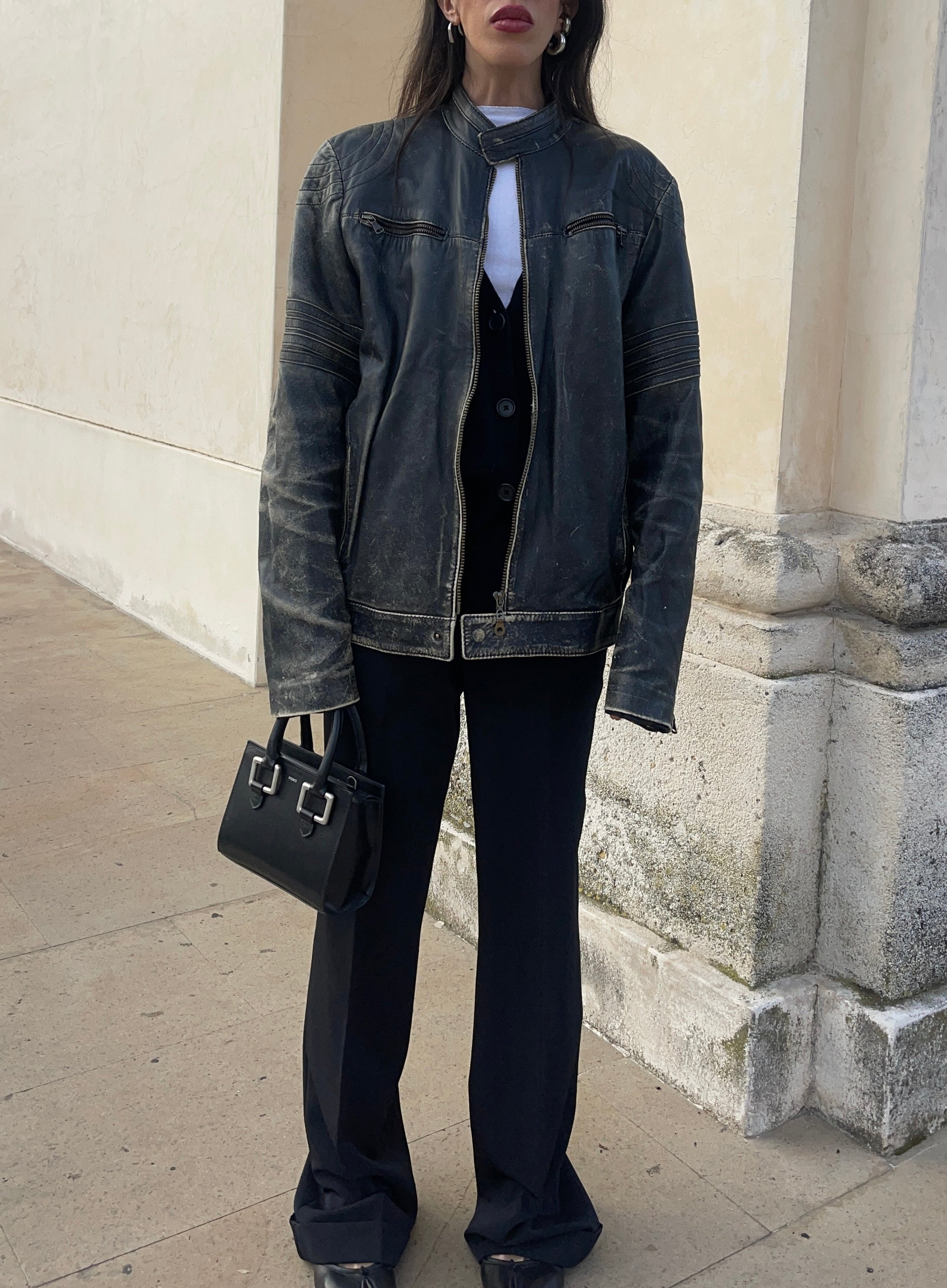 Distressed leather jacket