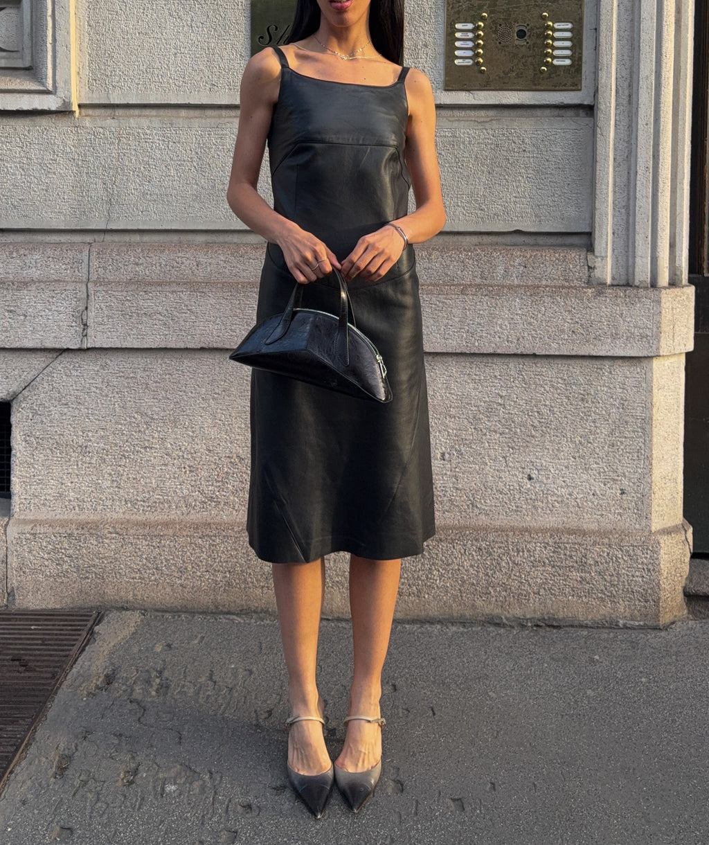 90s black lambskin backless leather dress
