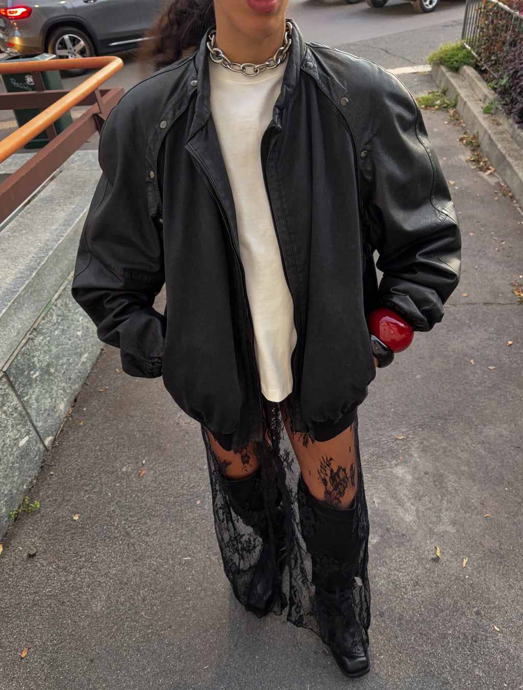 Combined leather cotton bomber jacket
