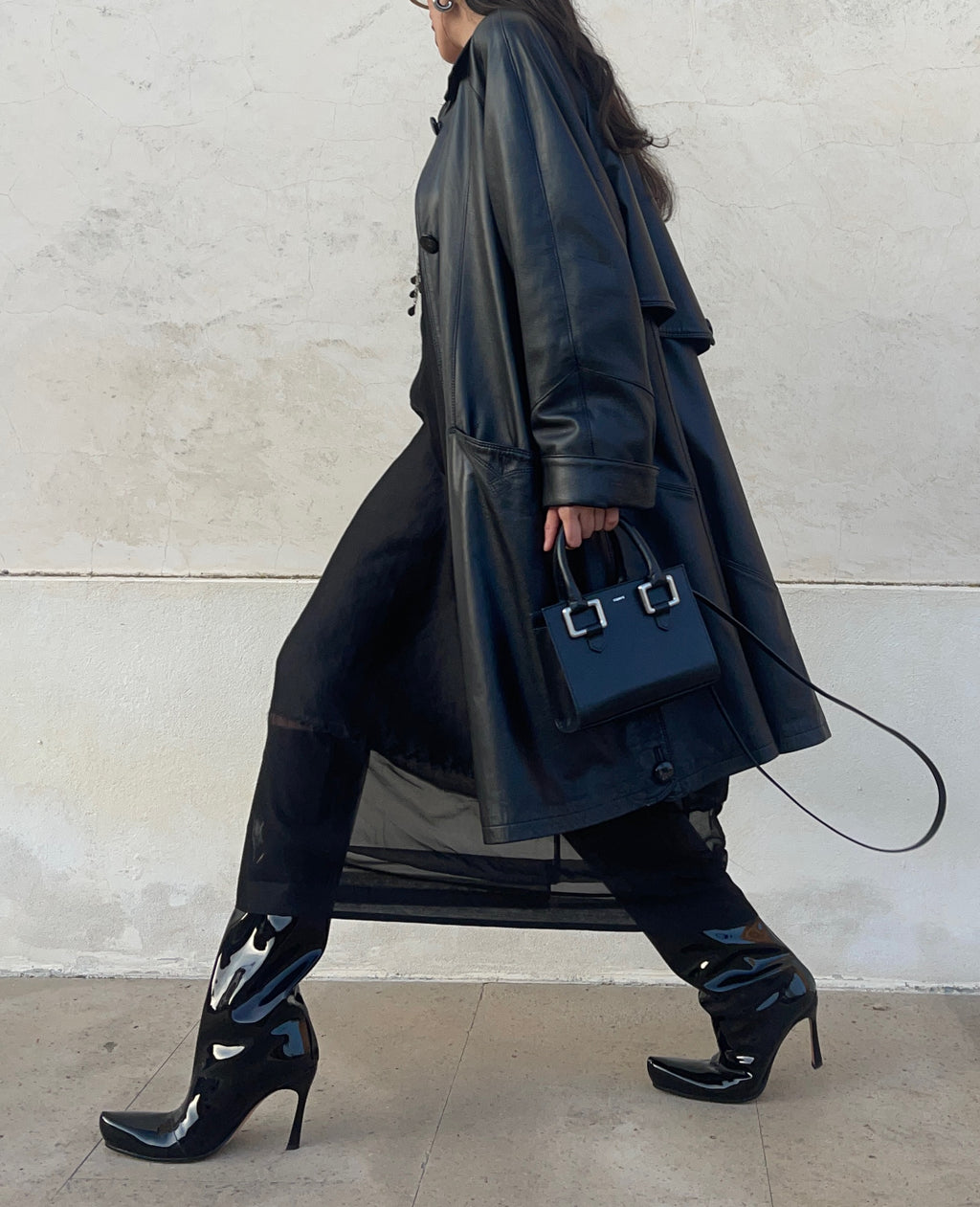 black leather trench