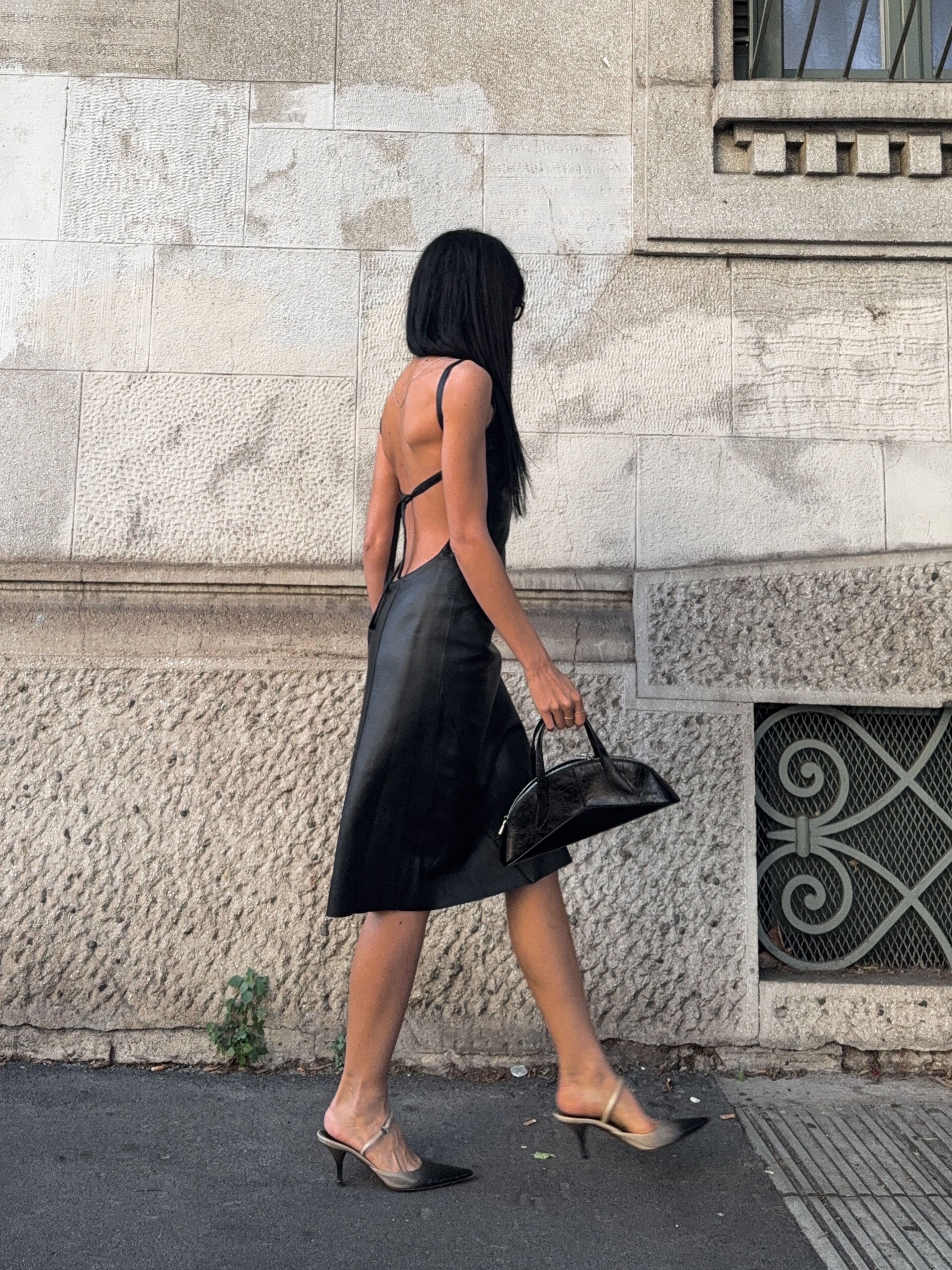 90s black lambskin backless leather dress