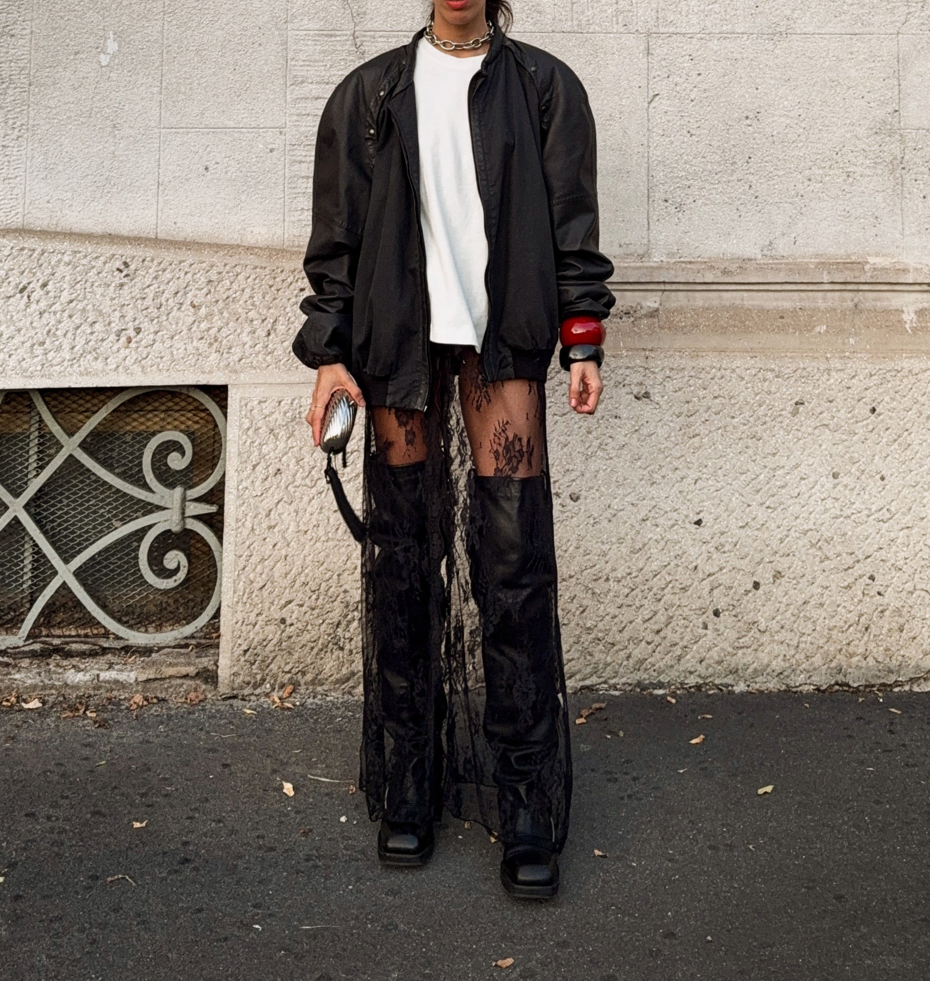 Combined leather cotton bomber jacket
