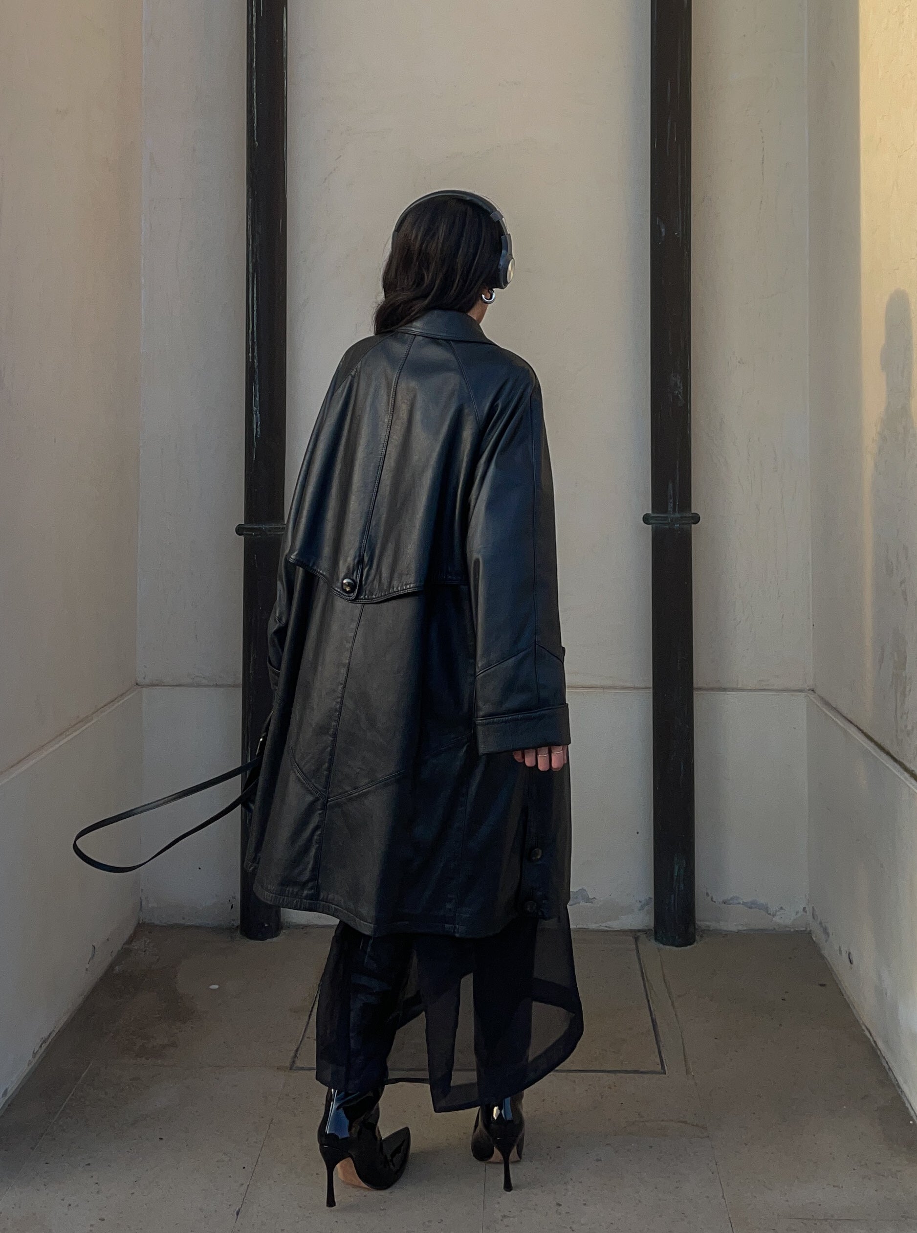 black leather trench