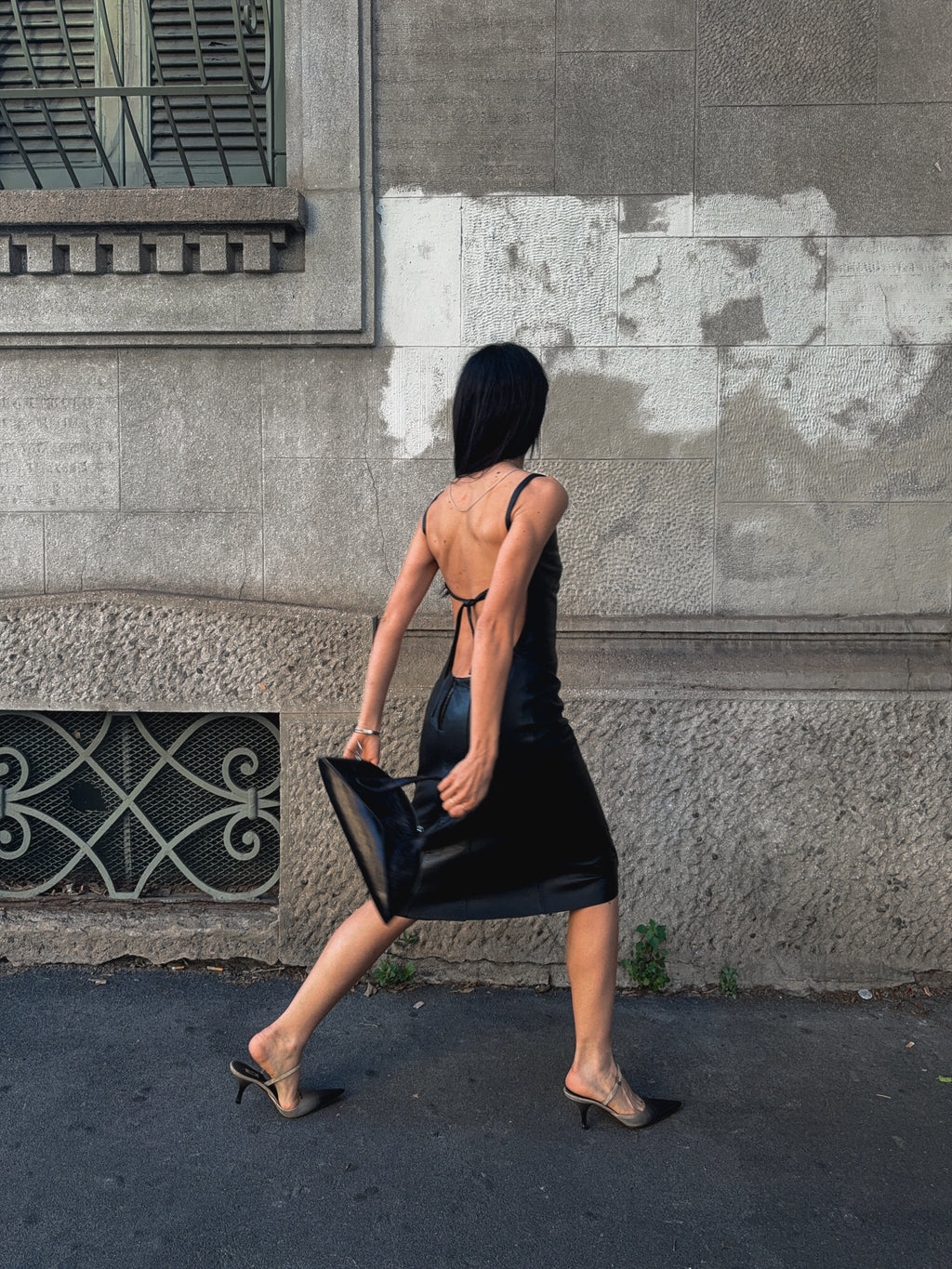 90s black lambskin backless leather dress