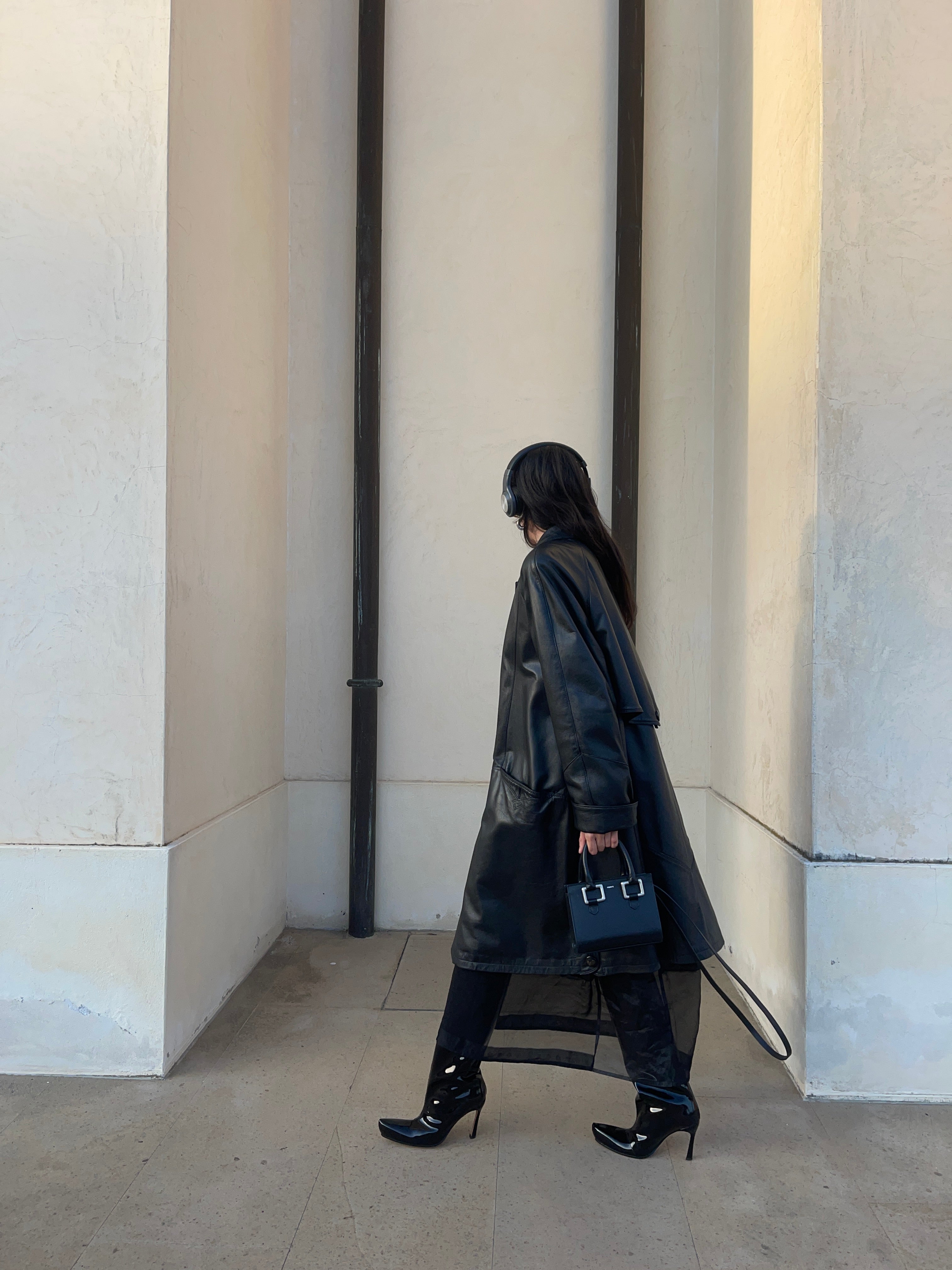 black leather trench