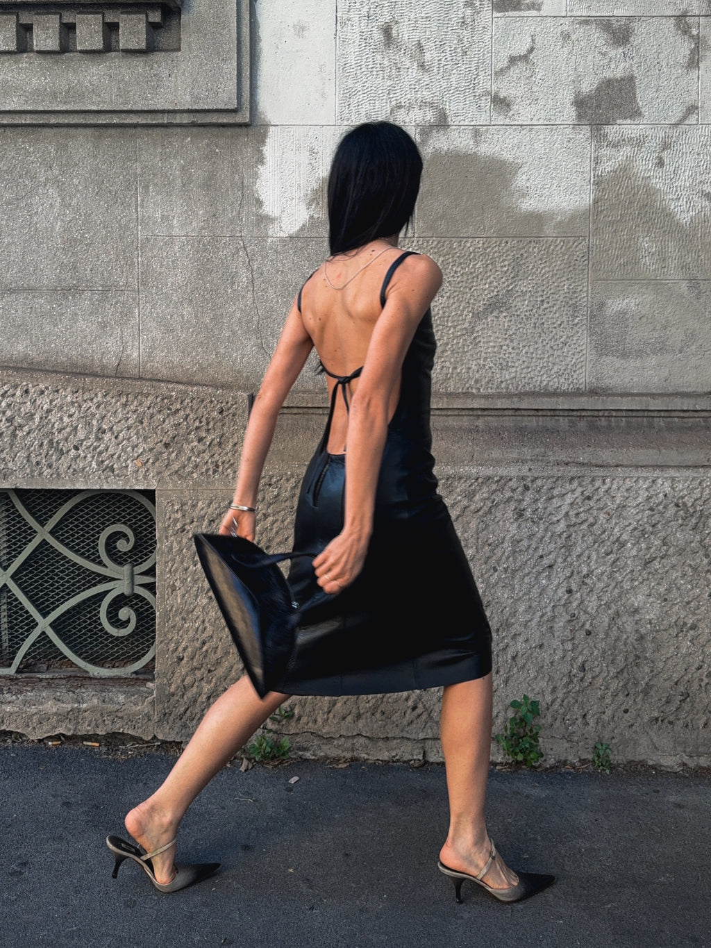 90s black lambskin backless leather dress