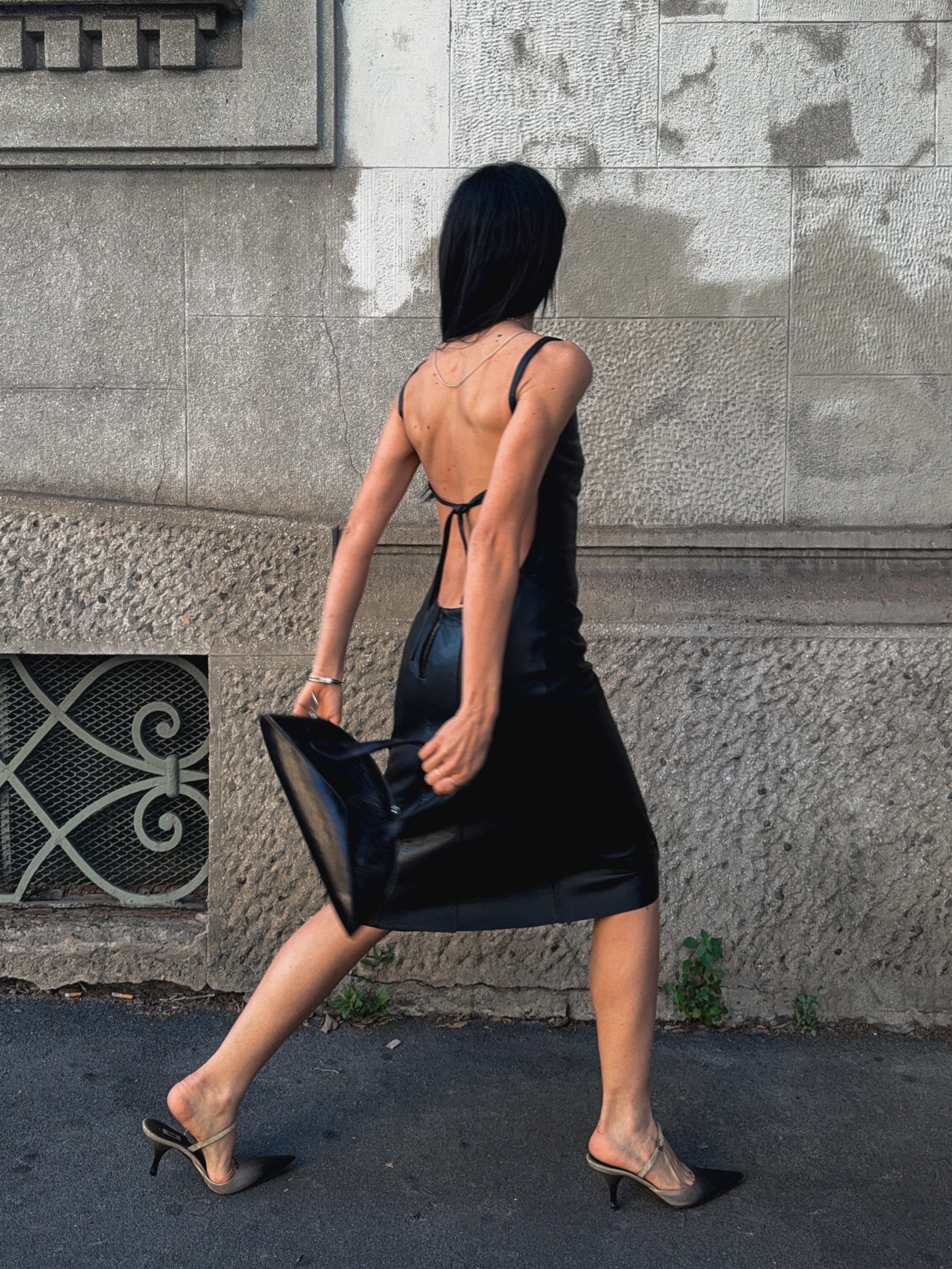 90s black lambskin backless leather dress