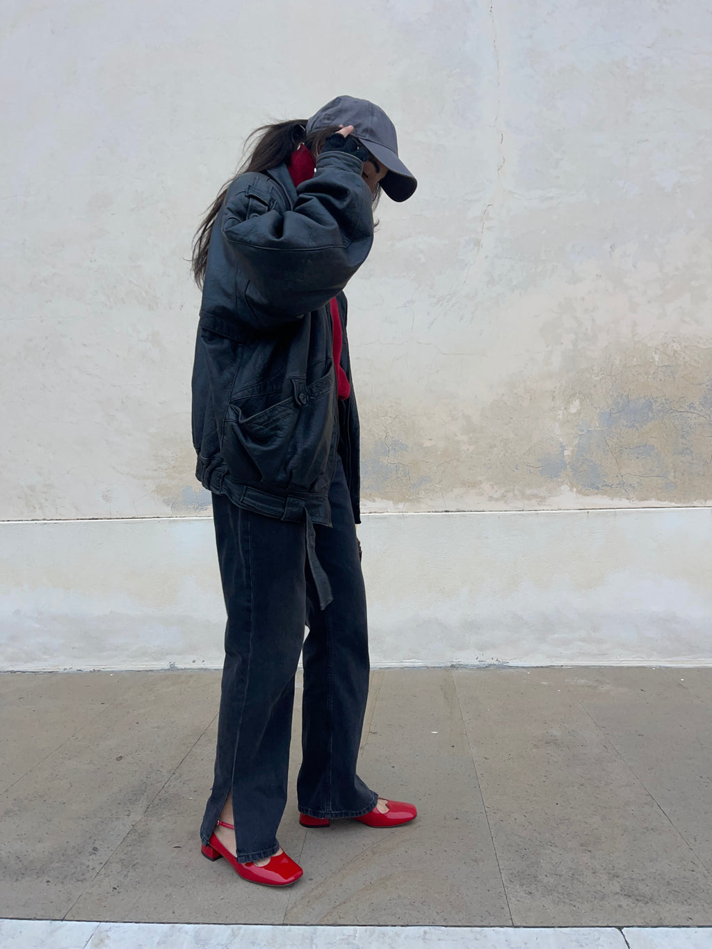 Black leather mega oversize jacket