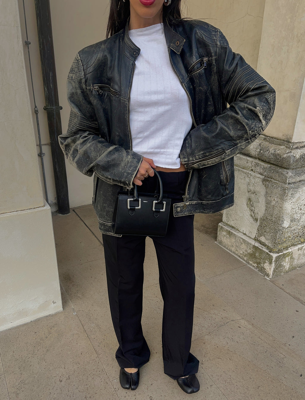 Distressed leather jacket