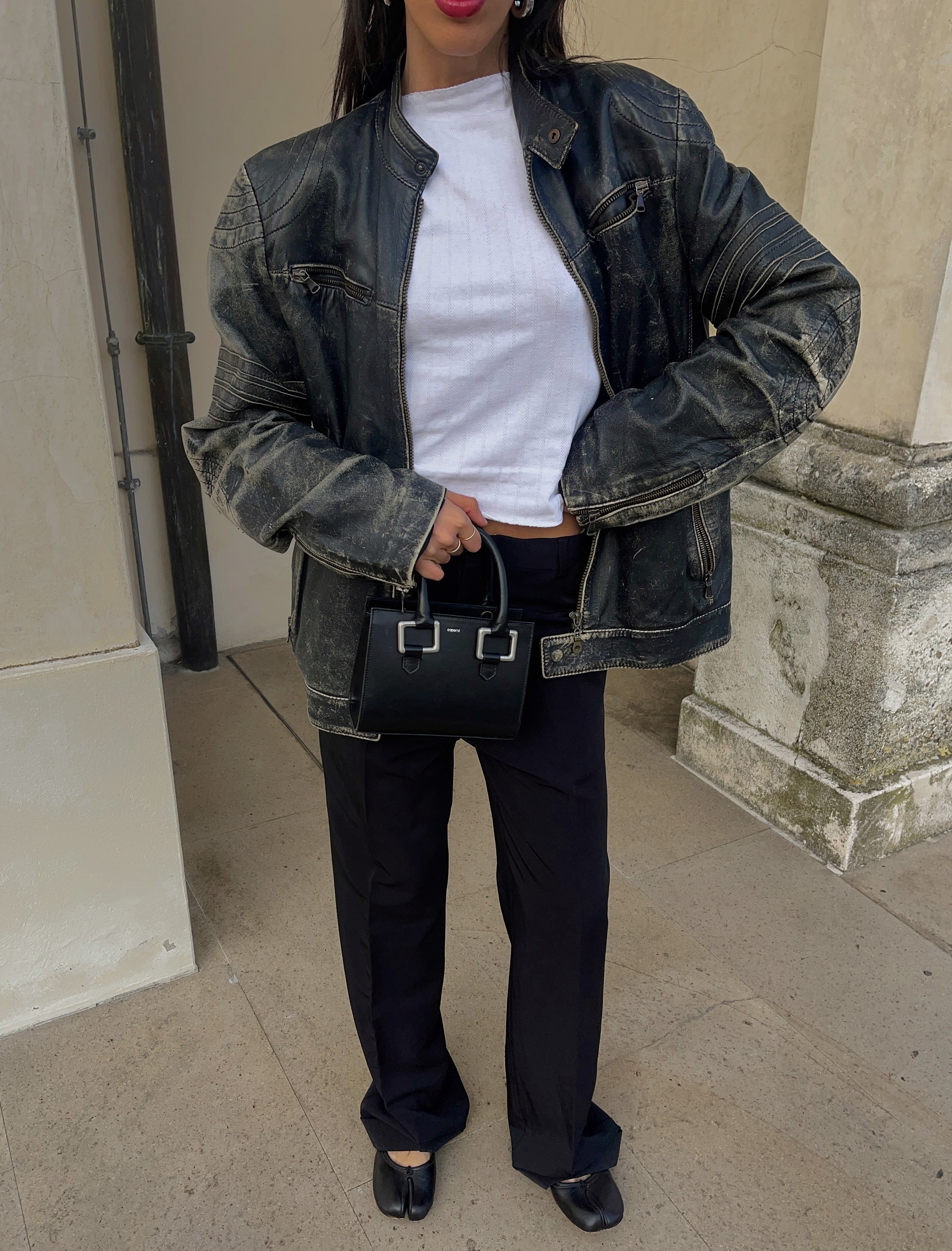Distressed leather jacket