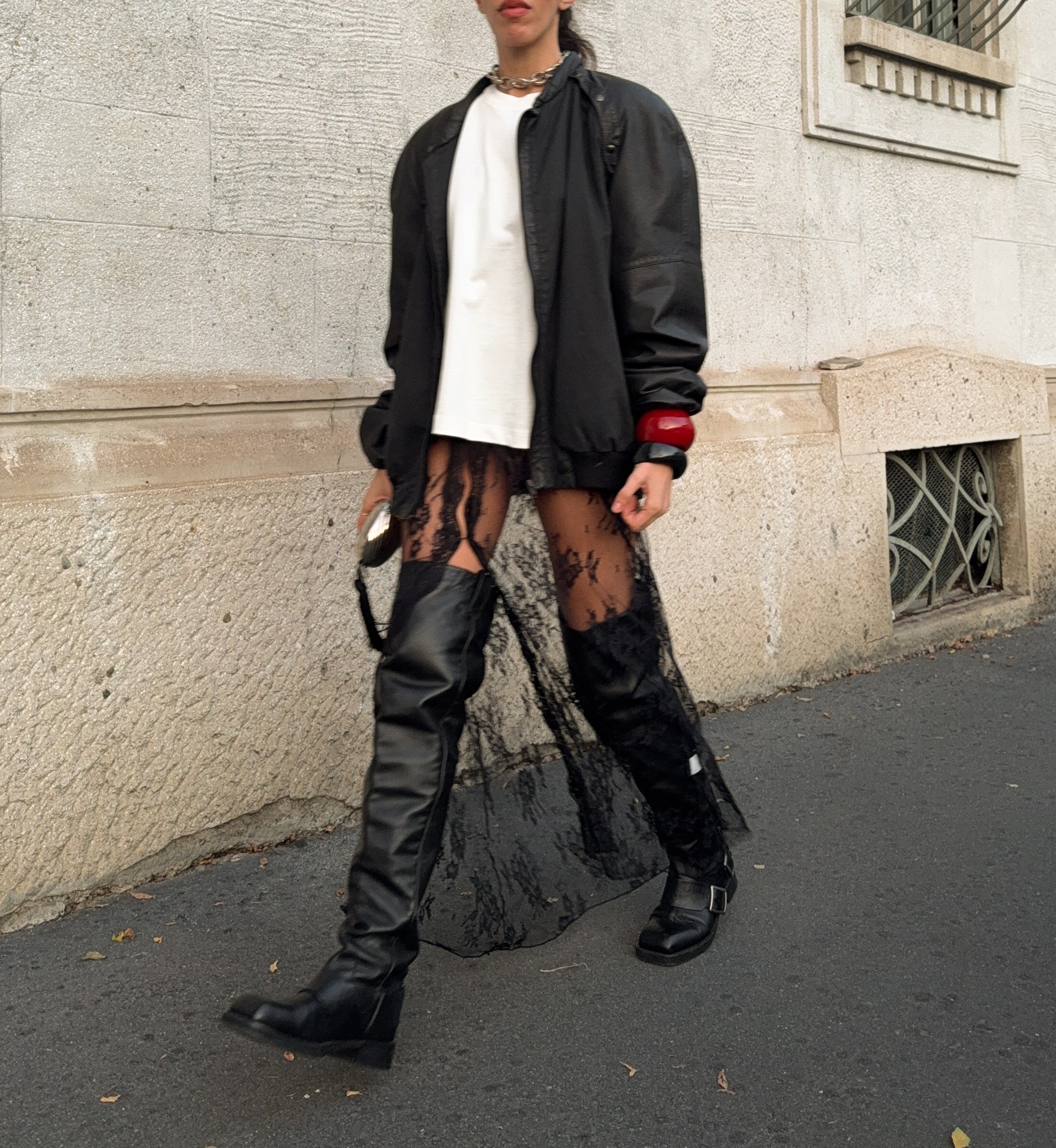 Combined leather cotton bomber jacket