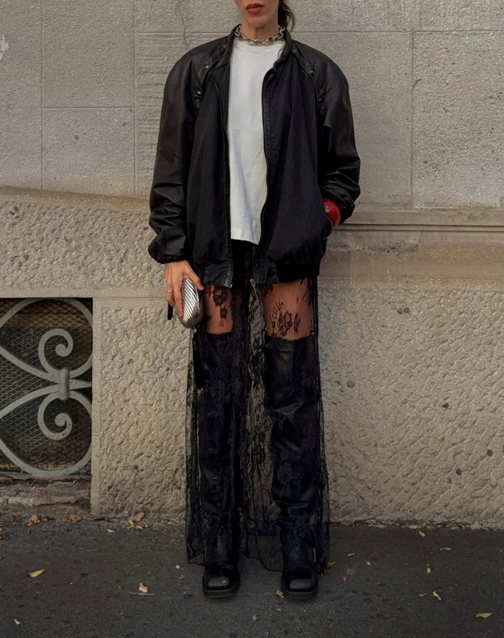 Combined leather cotton bomber jacket