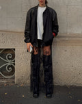 Combined leather cotton bomber jacket