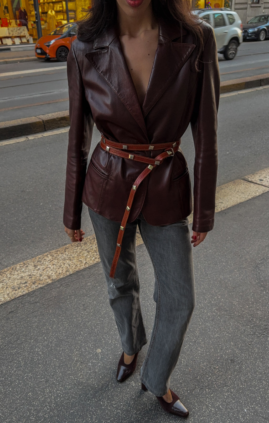 Nappa leather burgundy blazer