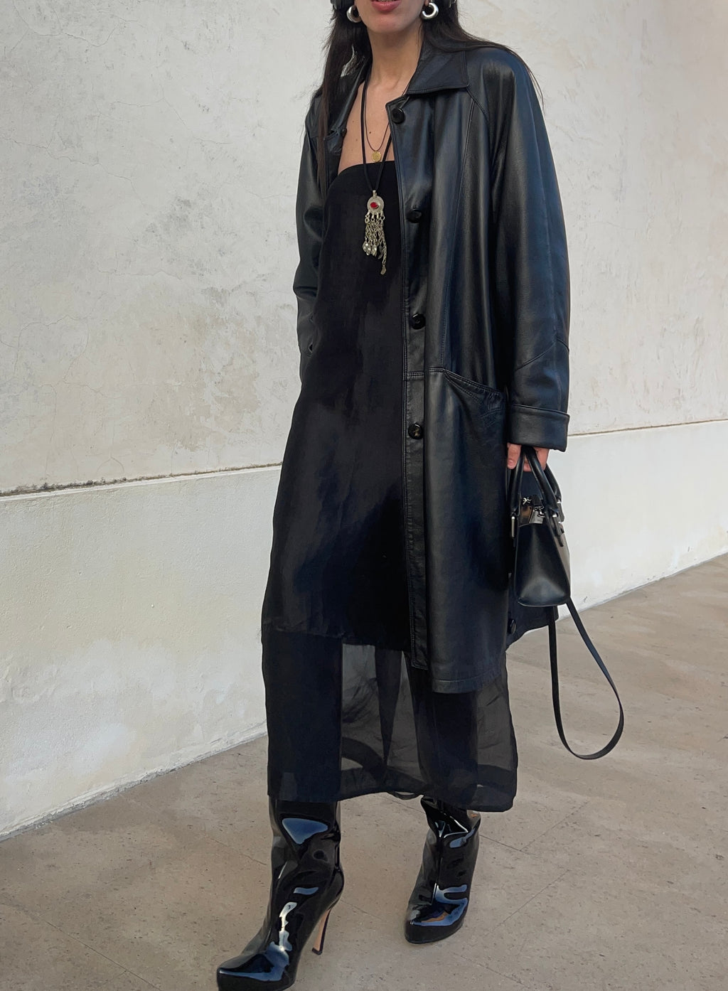 black leather trench