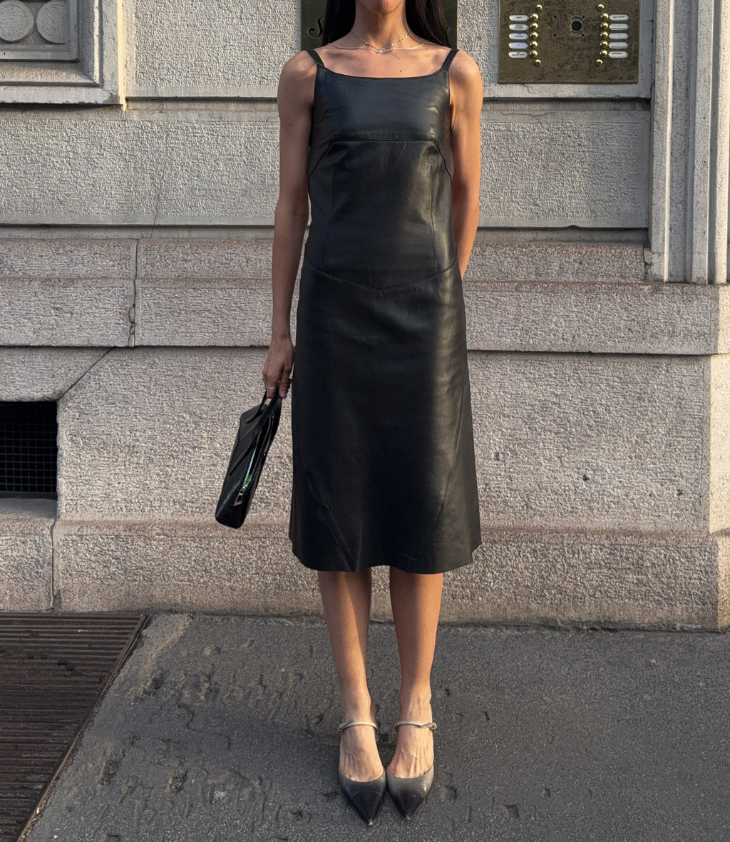90s black lambskin backless leather dress