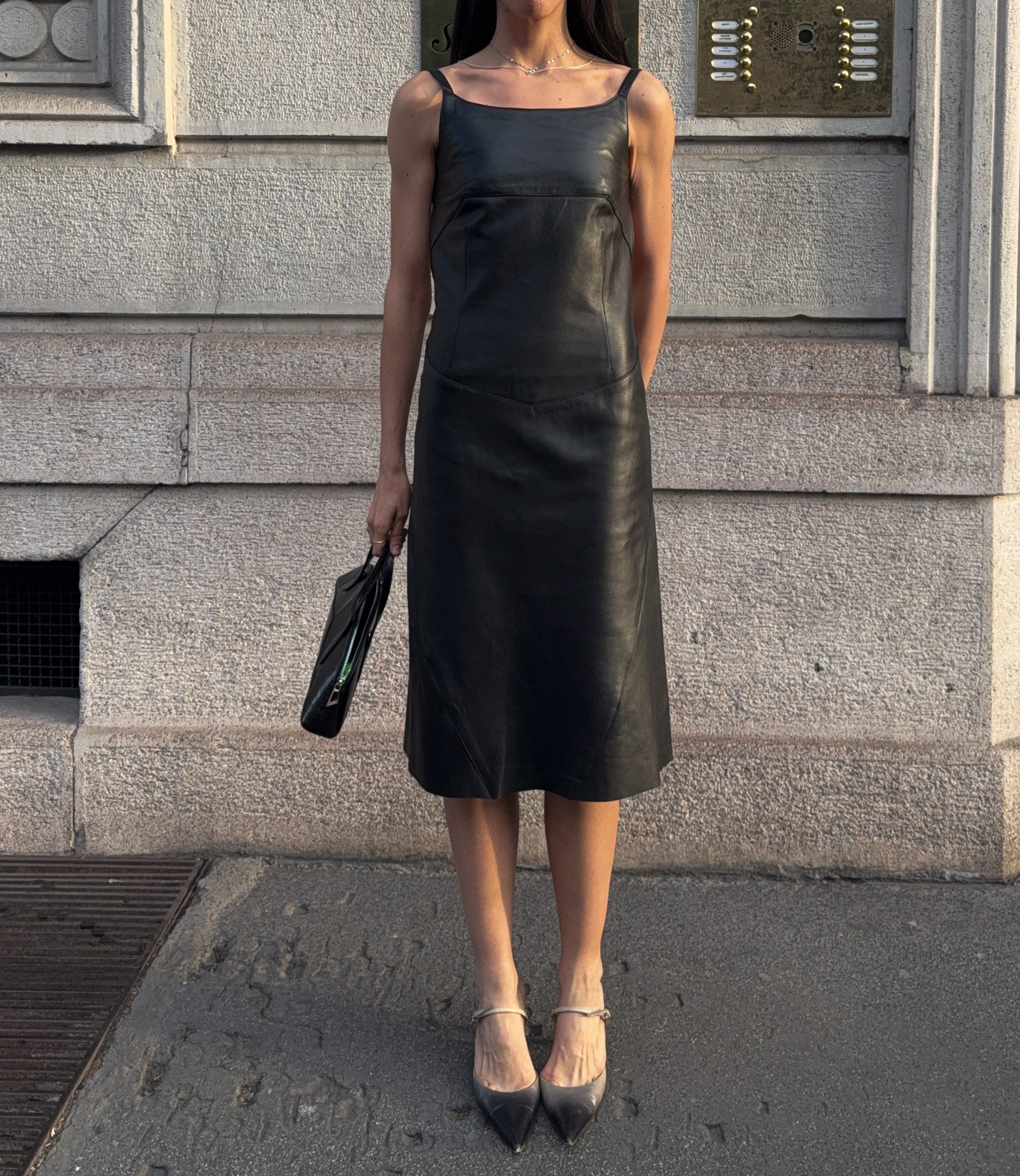 90s black lambskin backless leather dress