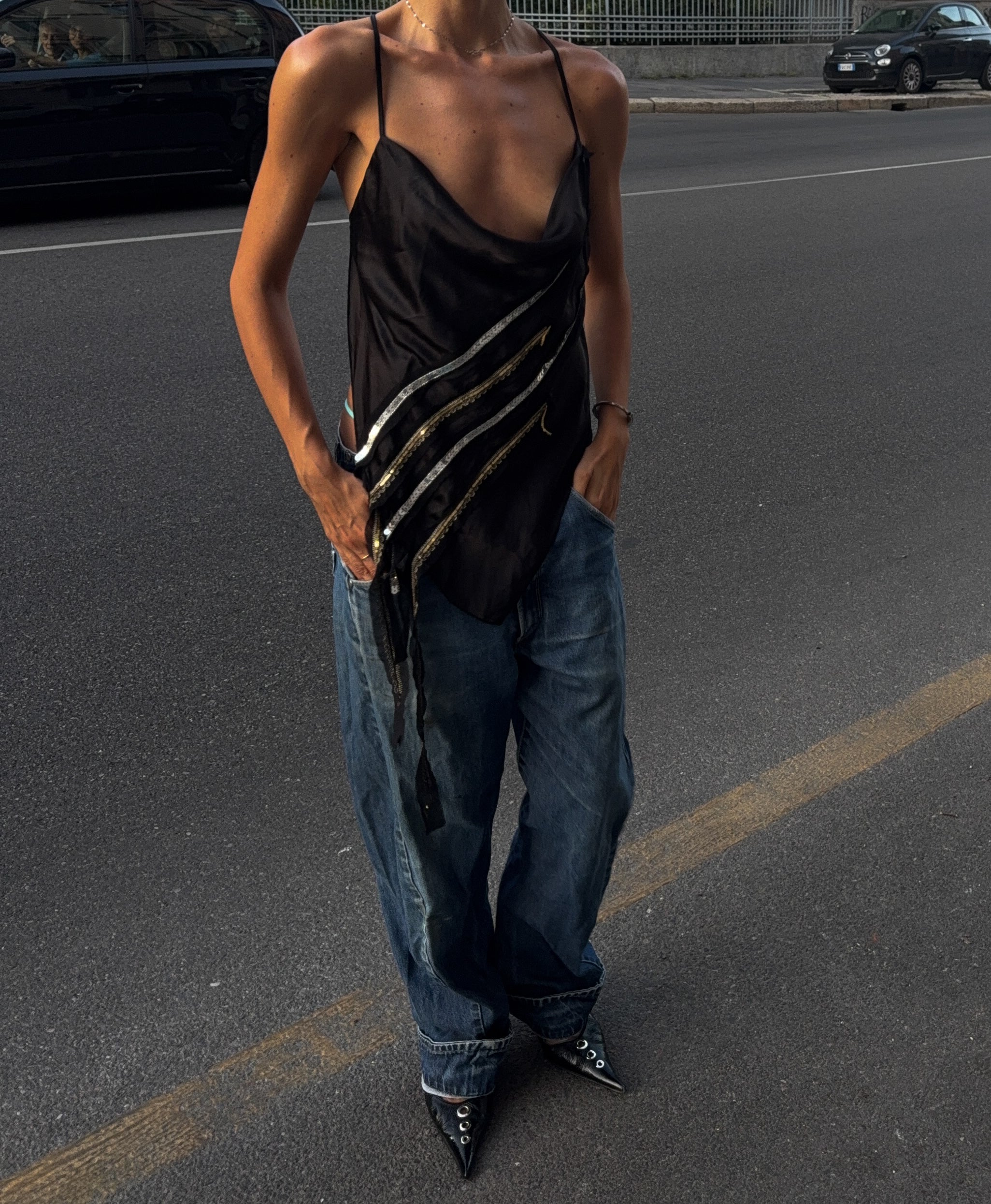 100% silk asymetric top