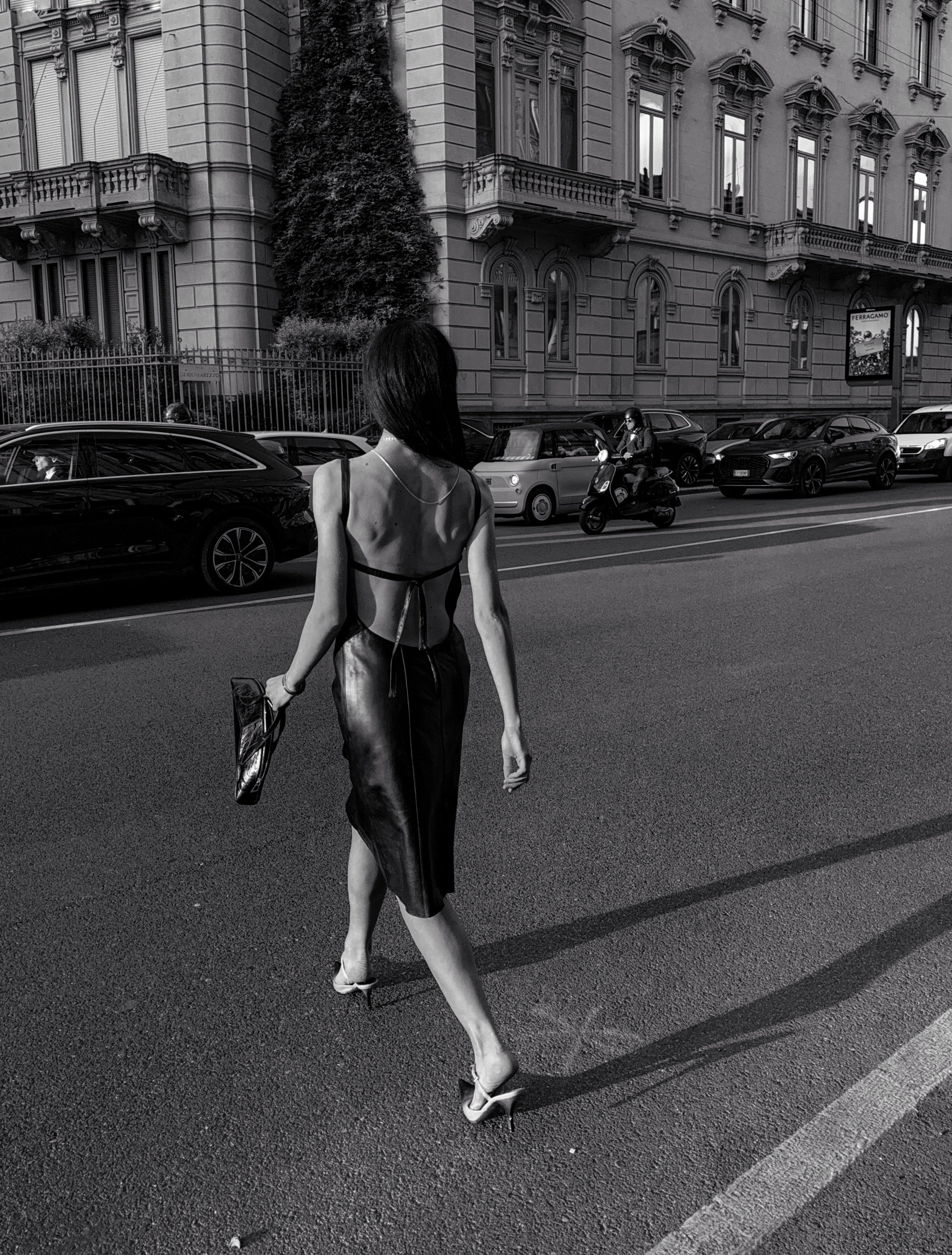 90s black lambskin backless leather dress
