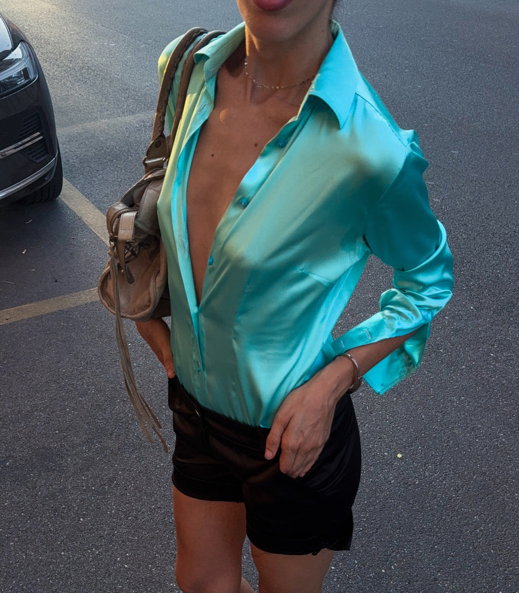 100% silk turquoise shirt