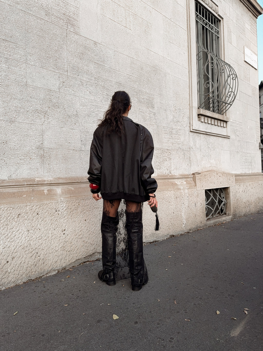 Combined leather cotton bomber jacket
