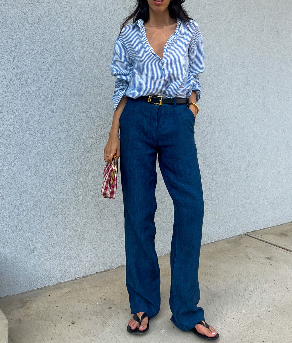 100 linen blue trousers