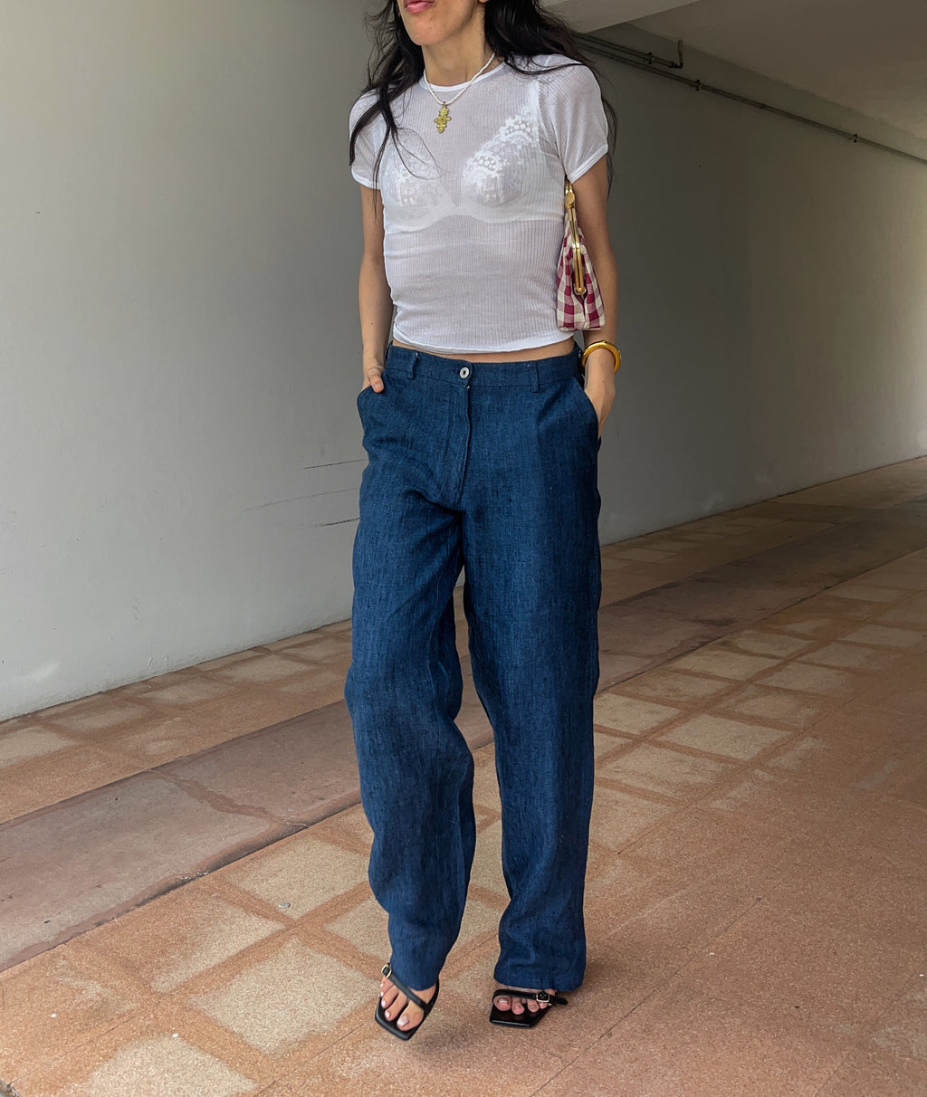 100 linen blue trousers