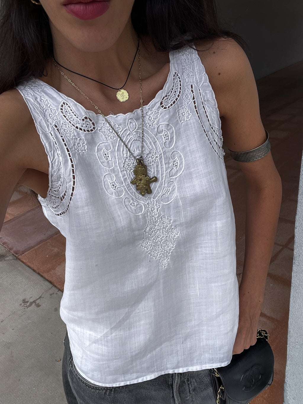 Linen embroided tank top
