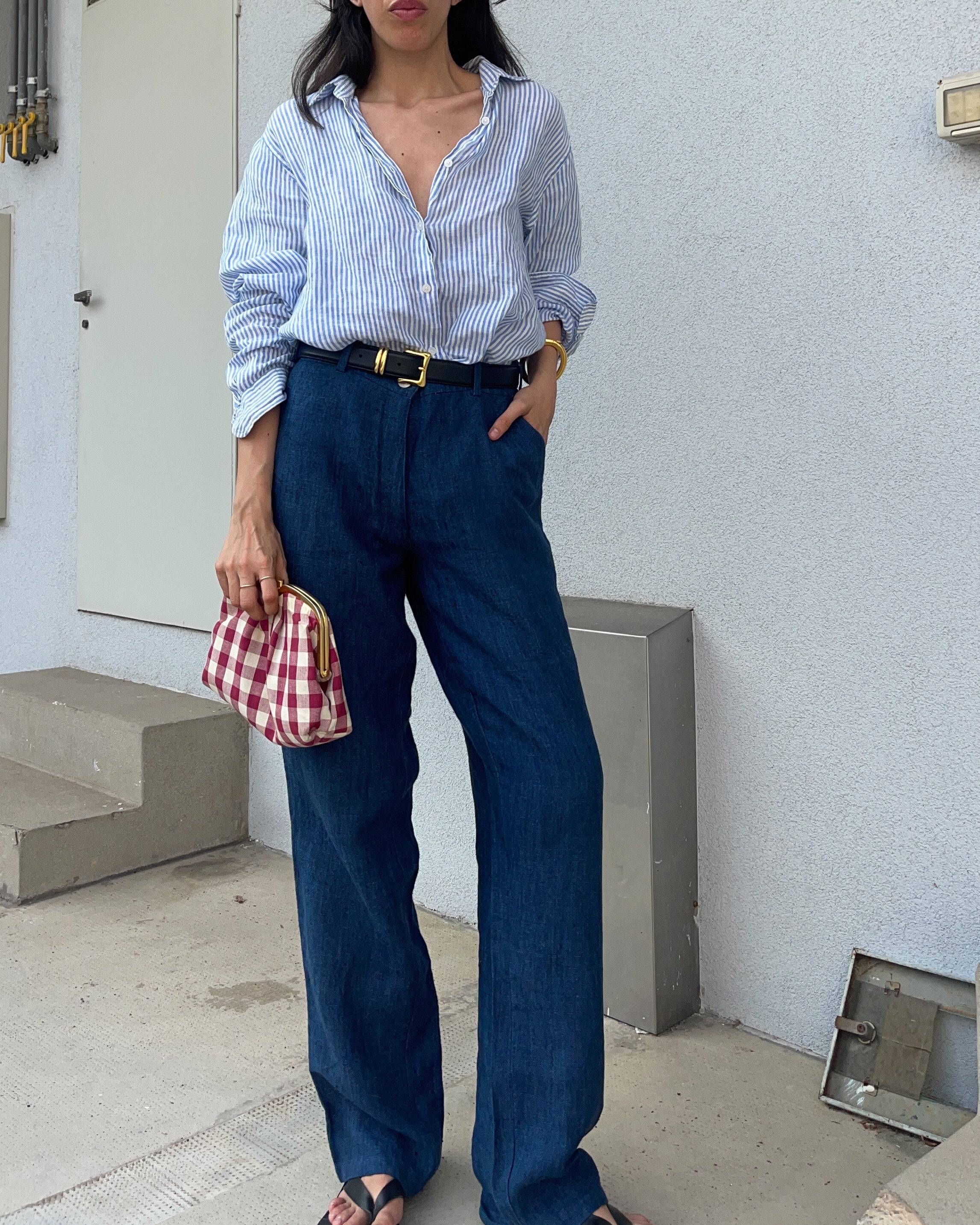 100 linen blue trousers