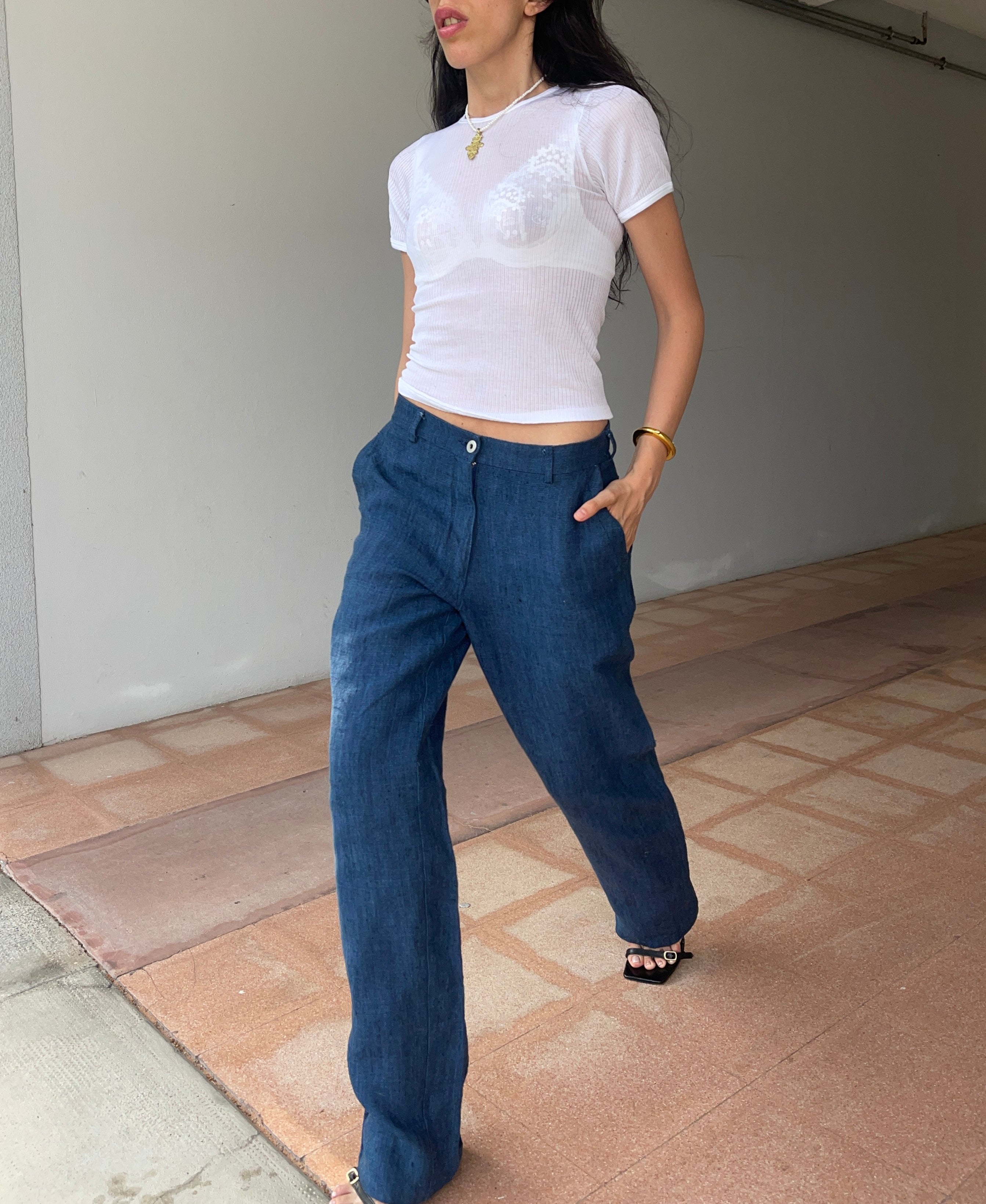 100 linen blue trousers