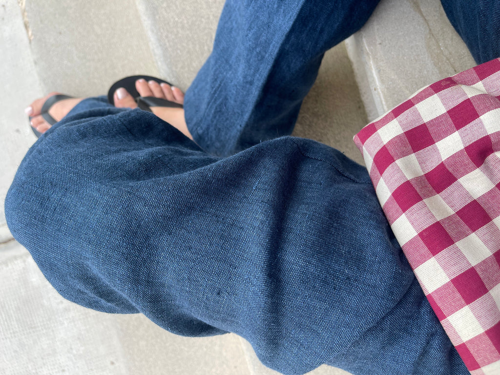 100 linen blue trousers
