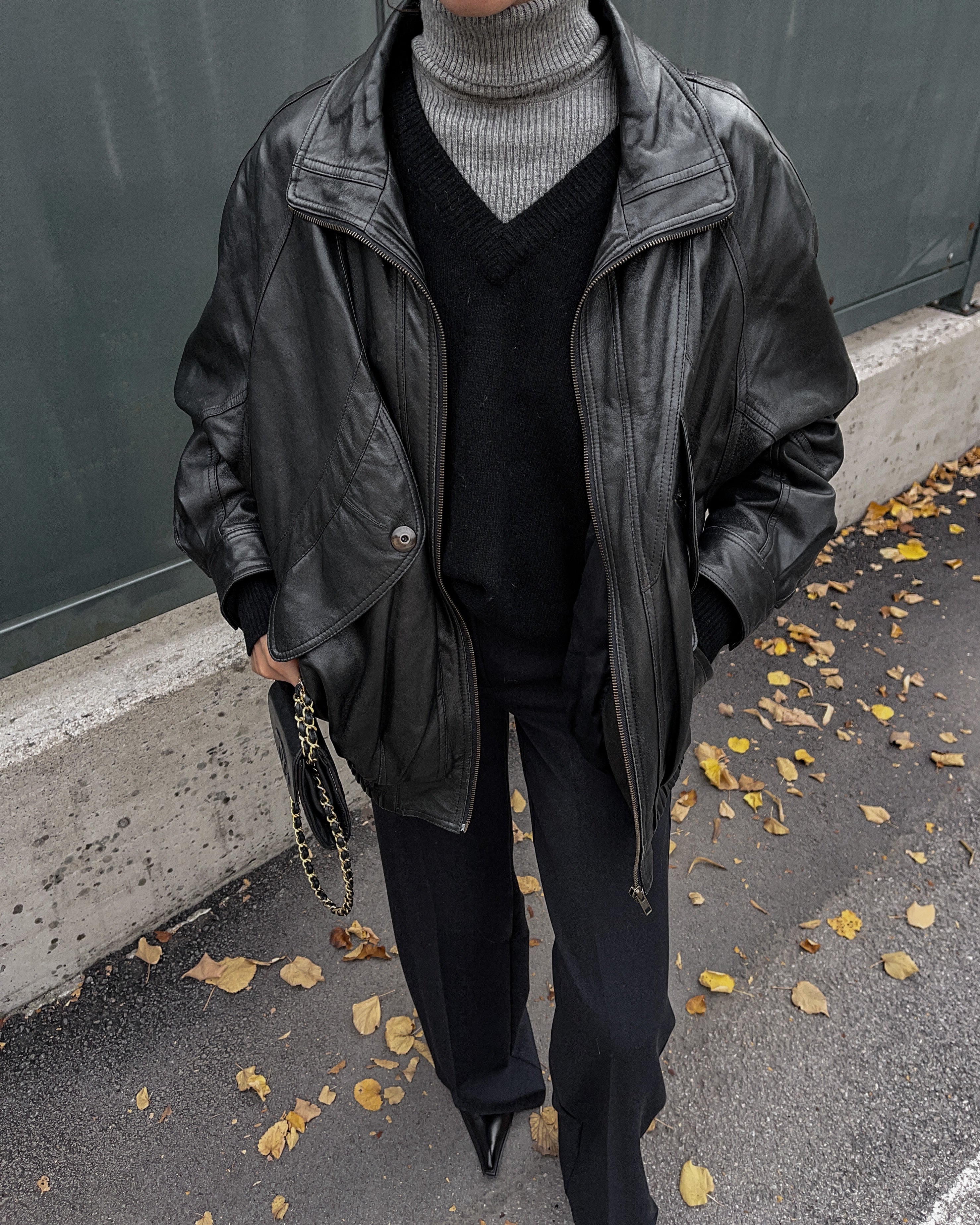 Black leather bomber jacket