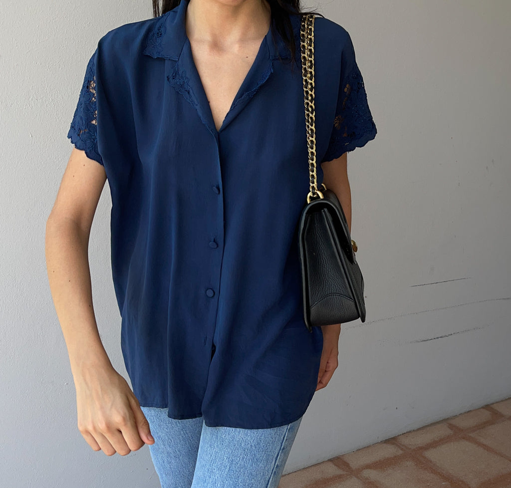 Blue silk short sleeve shirt