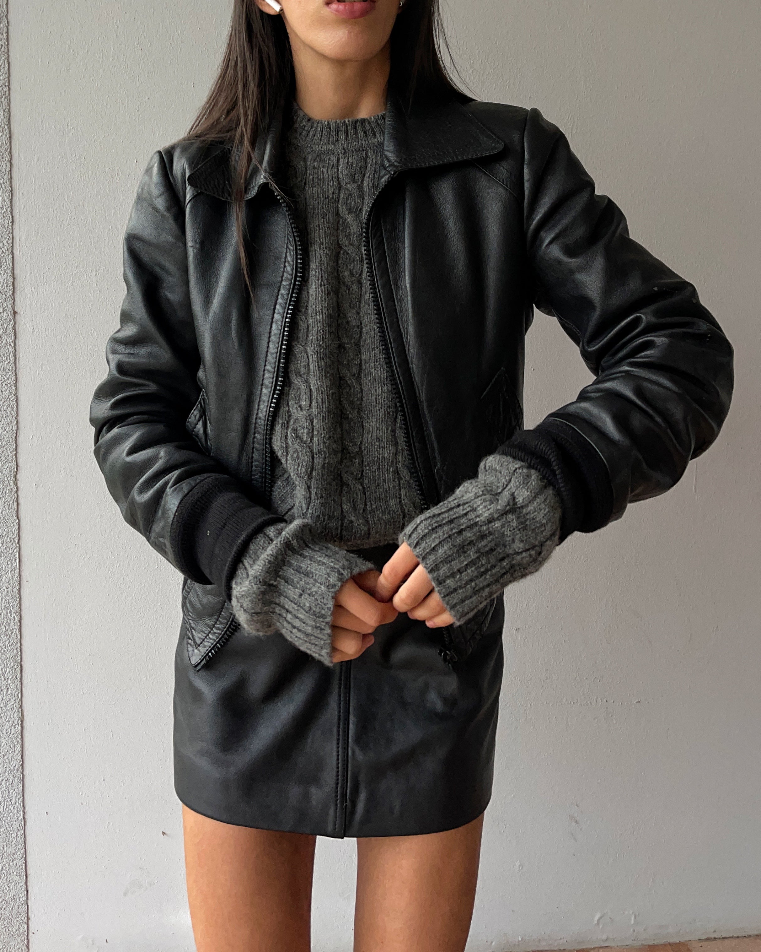 Crop leather bomber jacket