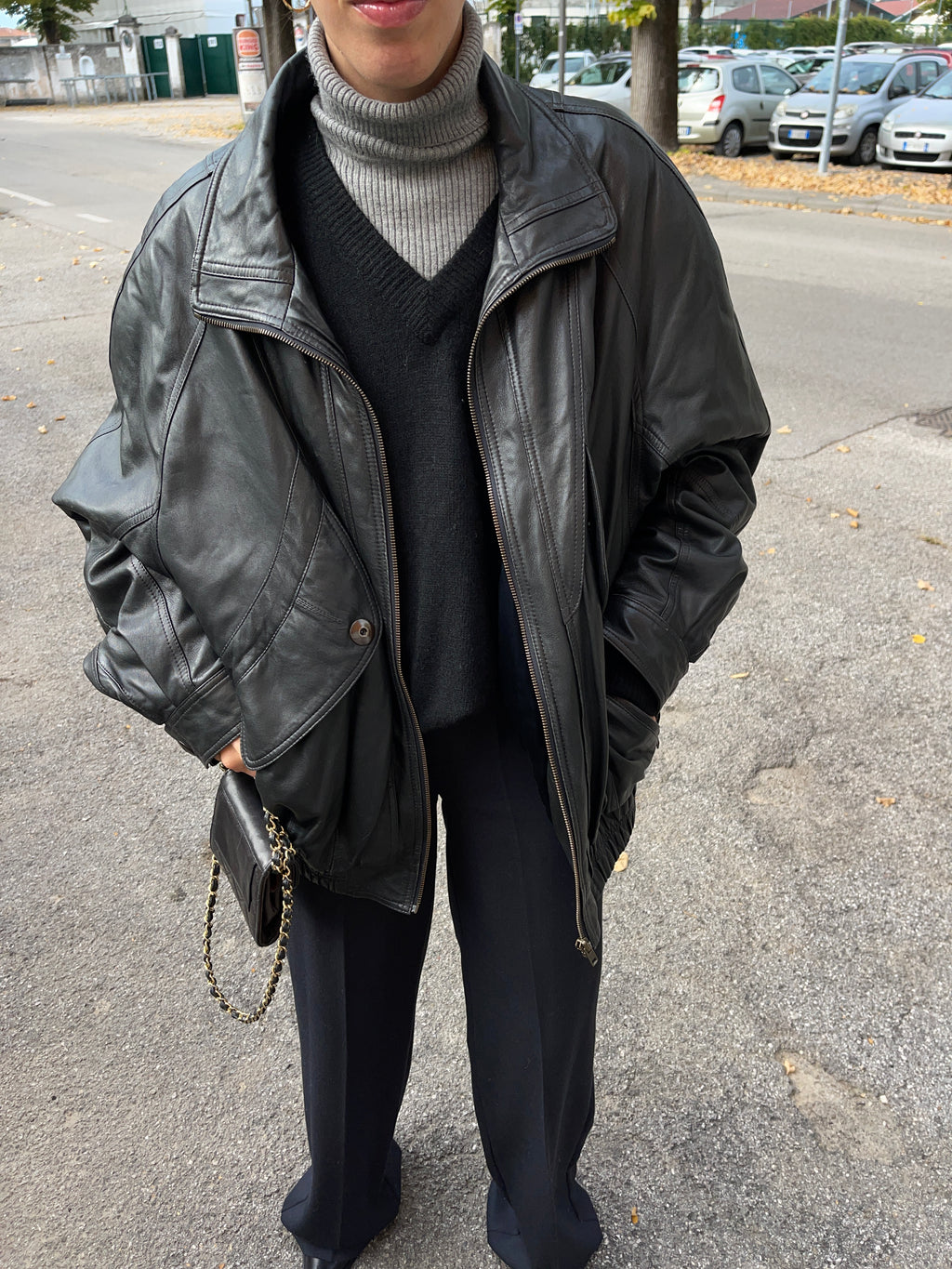 Black leather bomber jacket