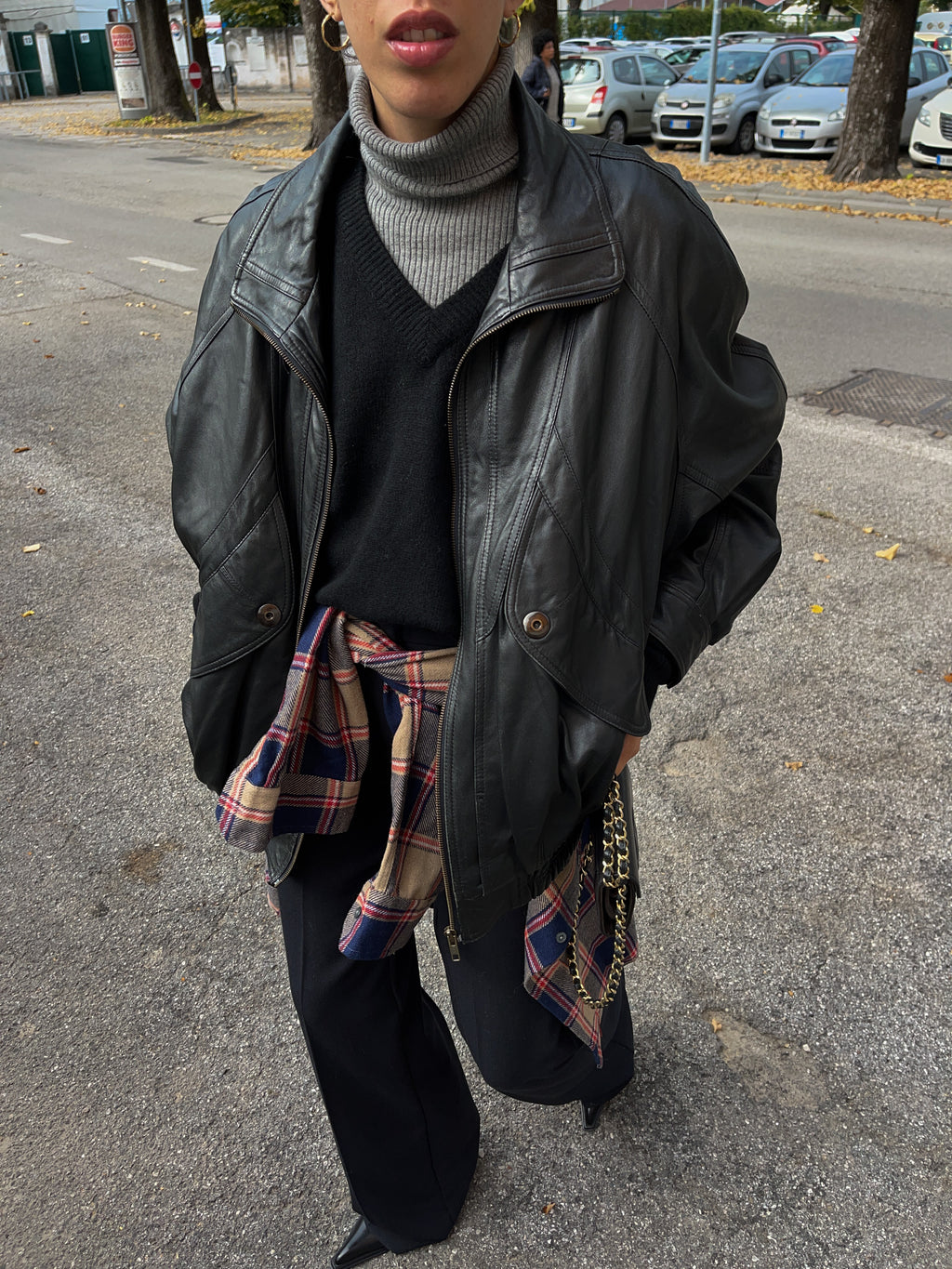 Black leather bomber jacket