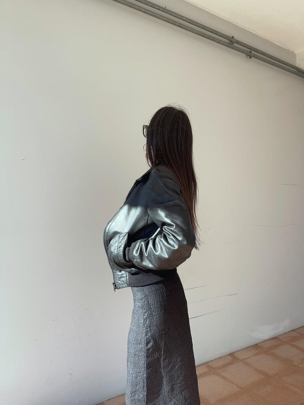 Crop leather bomber jacket