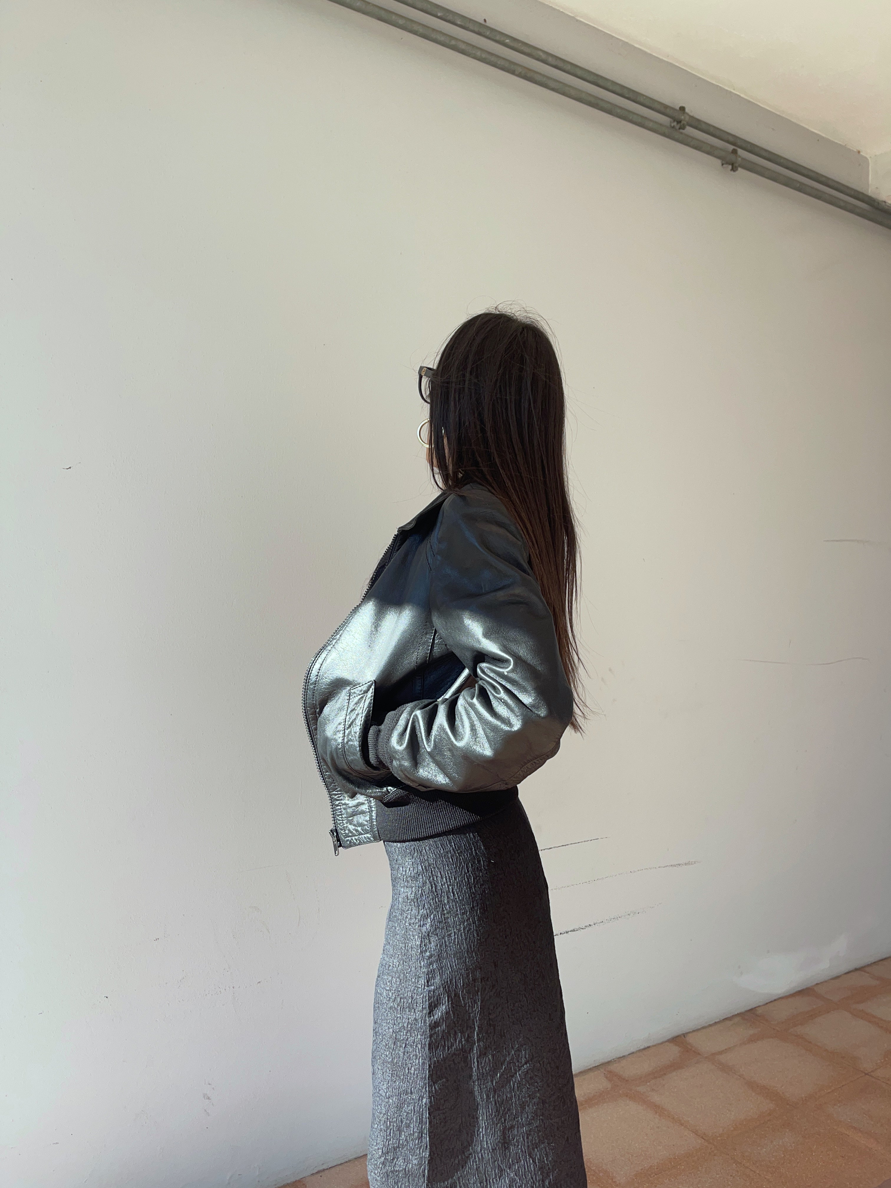 Crop leather bomber jacket